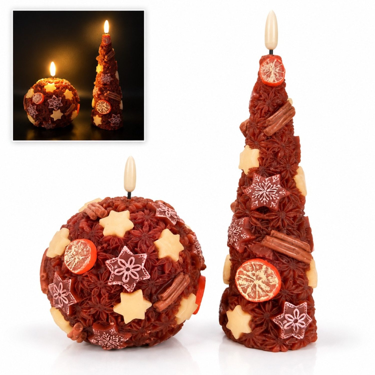 Online-Fuchs LED-Kerze 2 LED-Kerzen mit Timer im weihnachtlichen Design - Weihnachtsdeko, realistische Kerzenflamme, warmweiße LEDs, praktische 6-Stunden Timerfunktion vorhanden