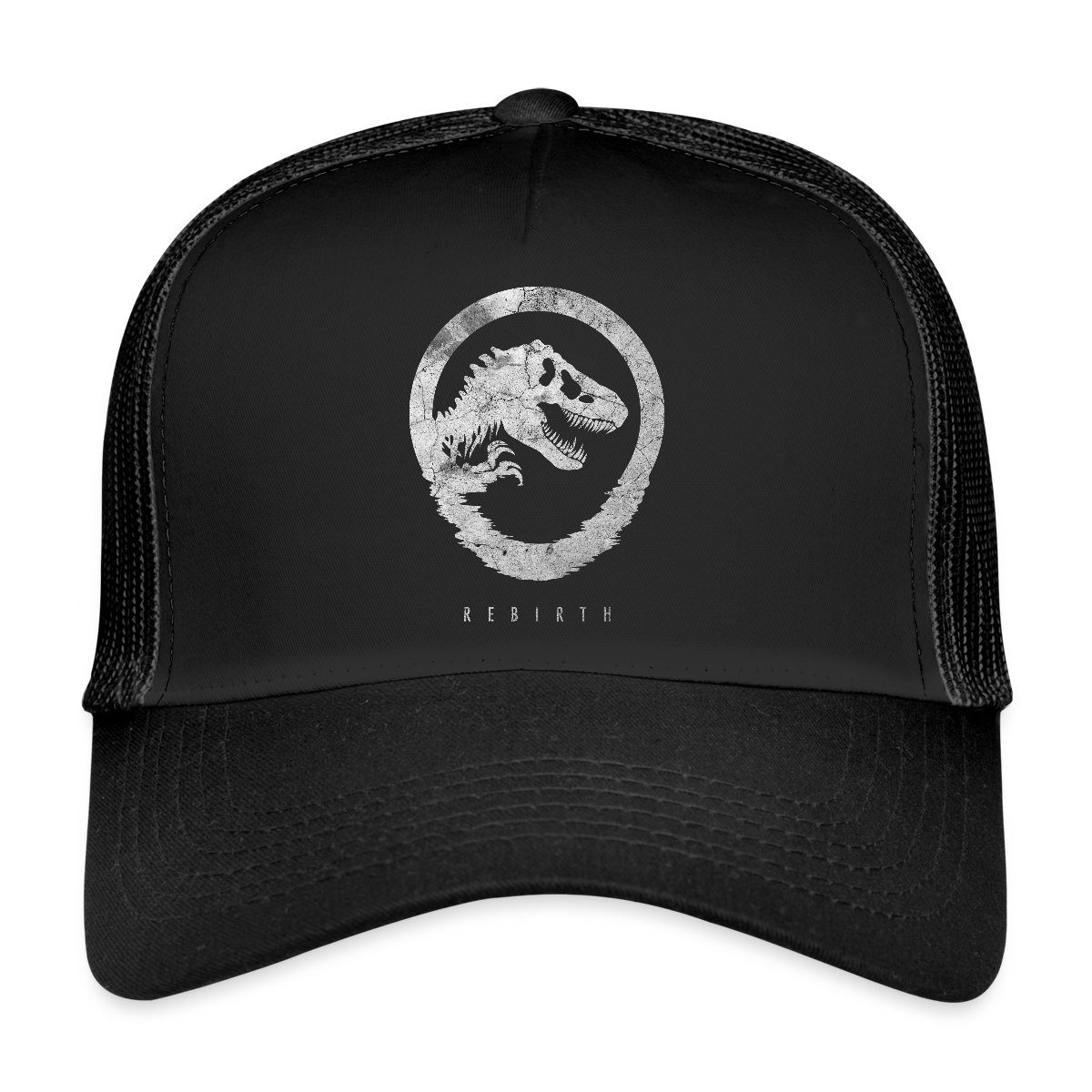 Spreadshirt Trucker Cap Jurassic World Rebirth Logo Mit T-Rex Im Steinlook Trucker Cap (1-St)
