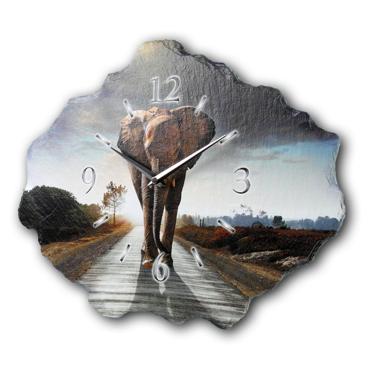 Kreative Feder Wanduhr Design-Wanduhr aus Stein (Beton) „Elefant“ (Funk- oder Quarzuhrwerk; ohne Ticken; elegant, außergewöhnlich, modern)