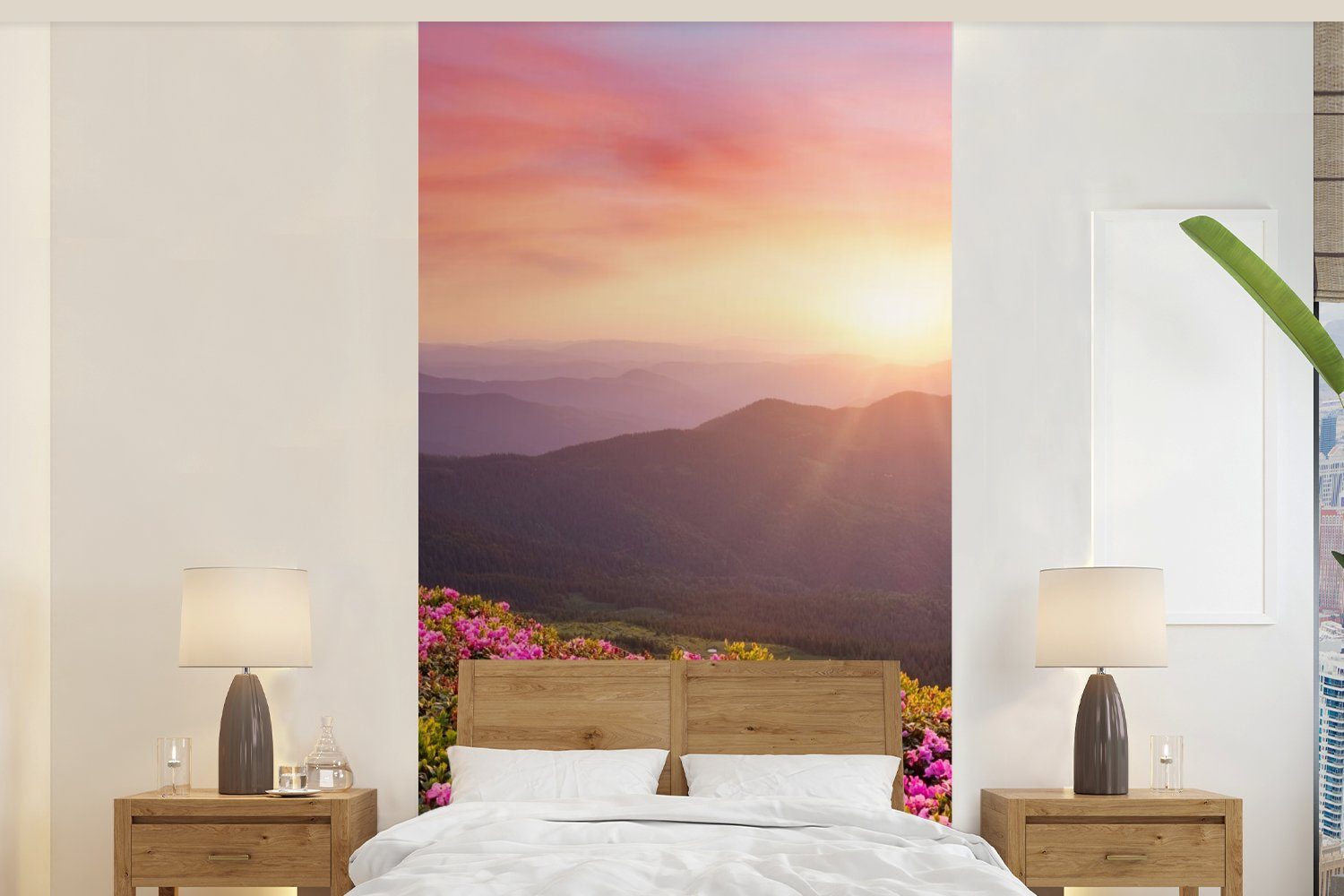 MuchoWow Fototapete Blumen - Berg - Sonnenuntergang - Landschaft, Matt, bedruckt, (2 St), Vliestapete für Wohnzimmer Schlafzimmer Küche, Fototapete