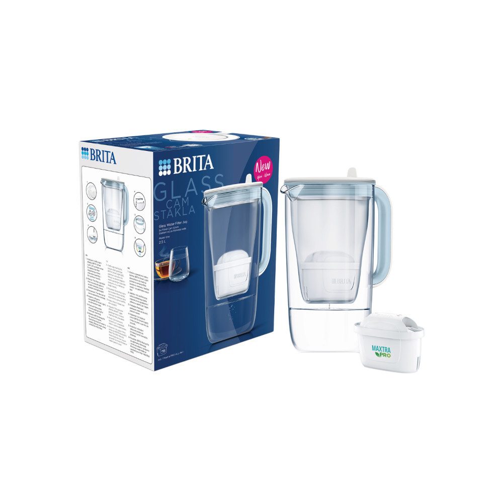 BRITA Geschirr-Set Glas-Wasserfilterkanne BRITA LED Maxtra Pro Blue, 2,5 l + Wasserfilter