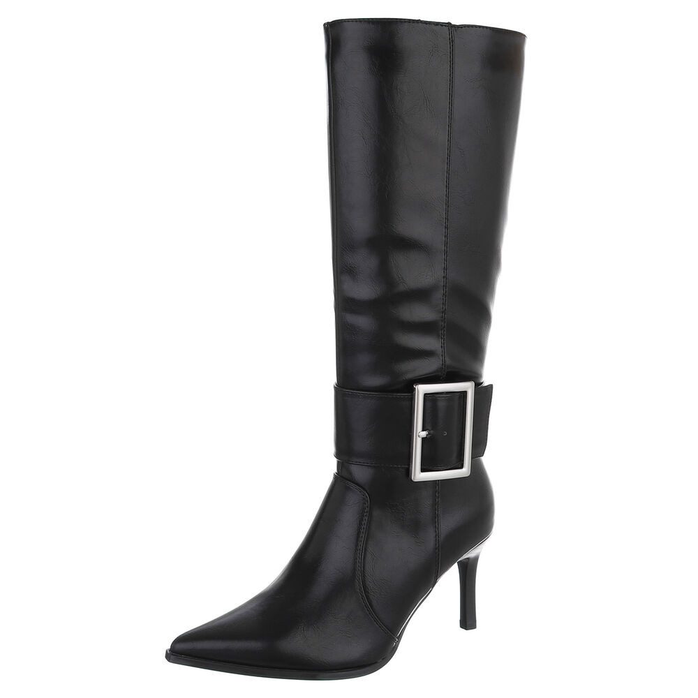 Ital-Design Damen kniehohe Stiefel mit Schnalle und High Heel High-Heel-Stiefel (92268828) Pfennig-/Stilettoabsatz Stiefel in Schwarz