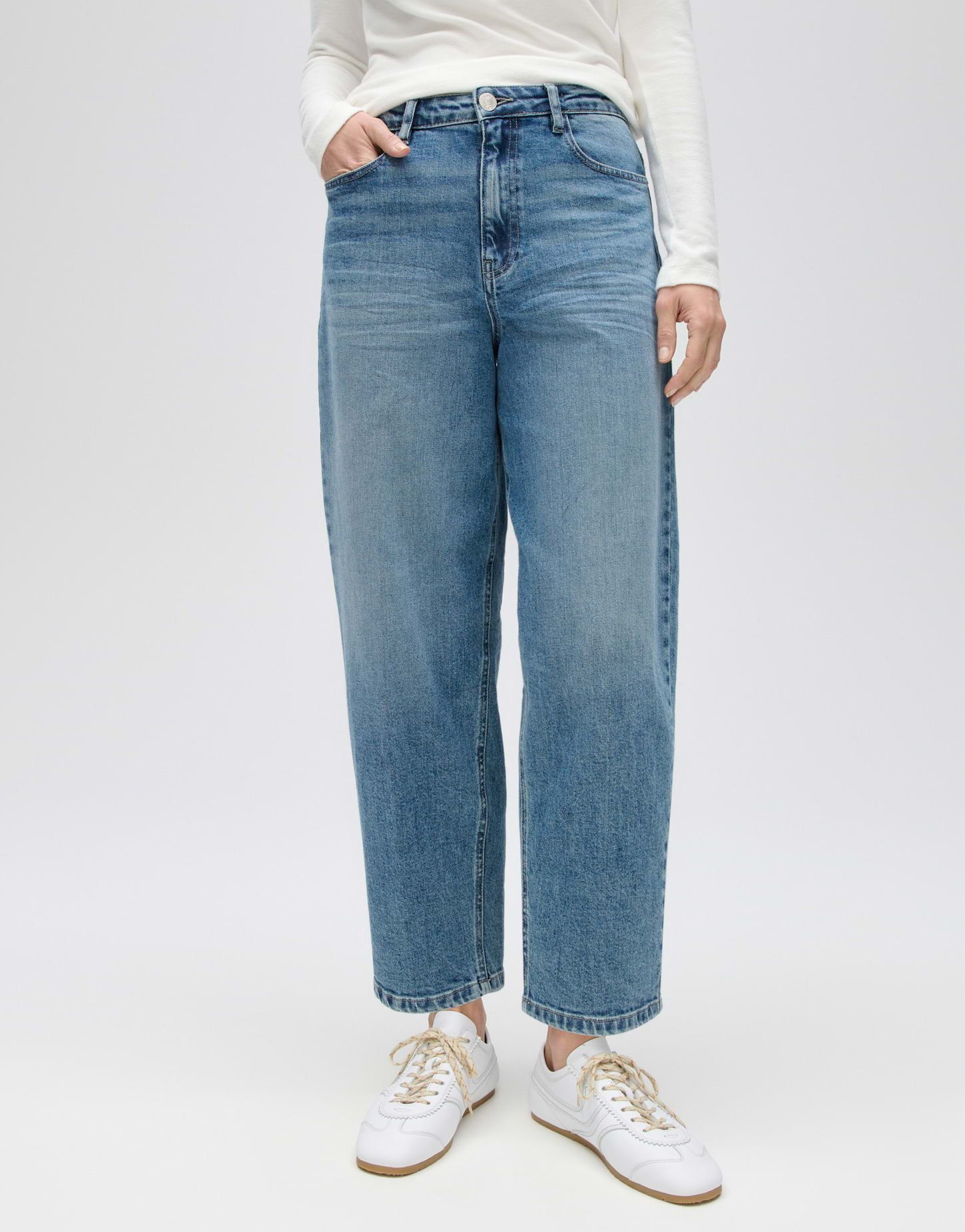 OPUS Relax-fit-Jeans Maxie horizon aus Denim mit zulaufender Passform Schmal zulaufender Beinverlauf mit Mélange-Effekt und 5-Pocket-Details
