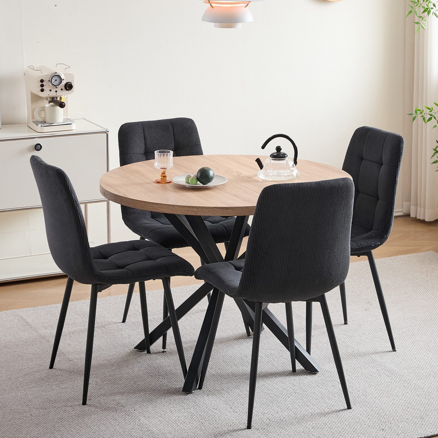 GrandCA HOME Essgruppe Tisch- und Stuhl-Set im Nordischen Stil, Essgruppe mit Stühlen, (5-tlg), Stühle aus Dutch Velvet / Cord, Metallbeine, Schwarz/Grau