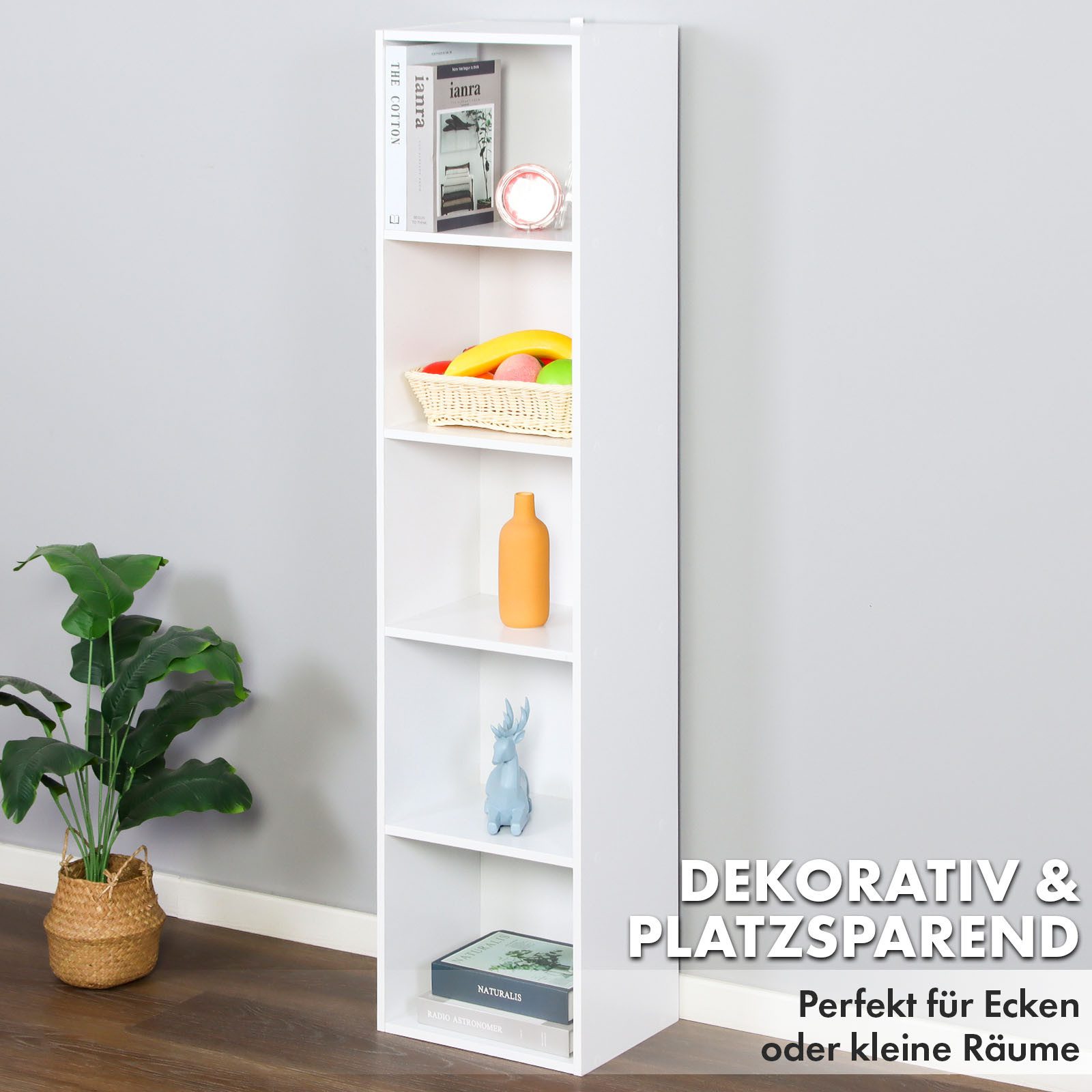 Floordirekt Bücherregal Alaska in 2 Größen, weißes Regal aus MDF, platzsparend & schmal, 5 Etagen 32 x 24 x 132 cm 1-tlg., stehendes Regal für alle Räume, Anit-Kipp-Sicherung, stabile Bauweise