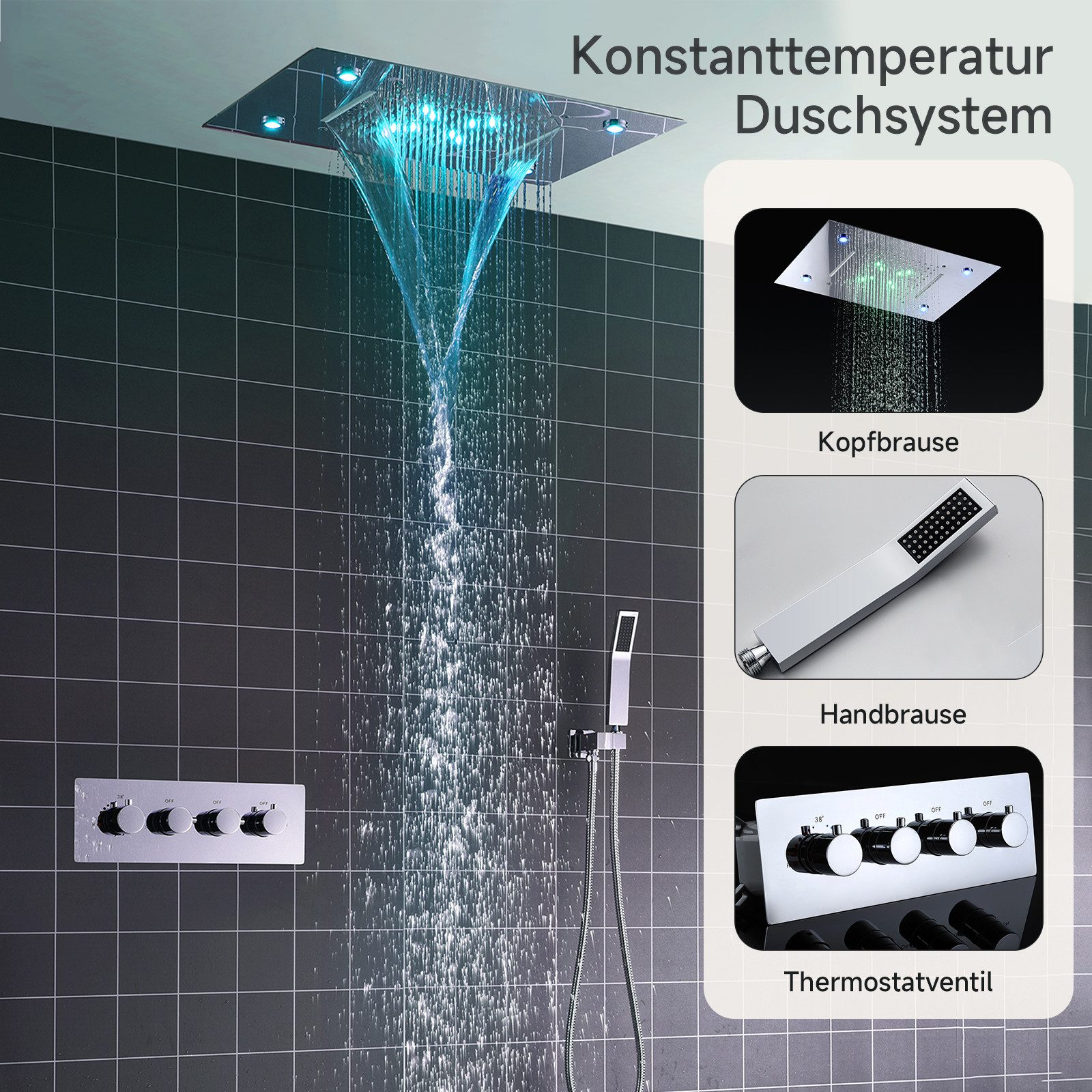 Oihpaw Shower System with Thermostatic Shower Head with LED Light, Hand Shower, 3 Spray Patterns, Chrome Fittings