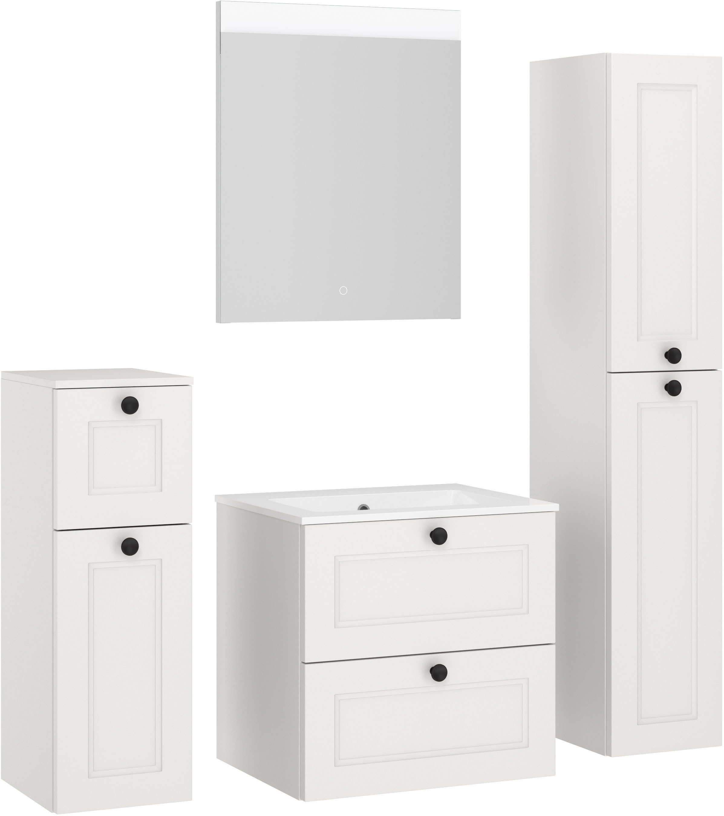 nobilia® Badmöbel-Set Cascada, (Set, 4-St., mit Waschbecken, inkl. beleuchtetem Spiegel mit Touch-Sensor), vormontiert, mit Soft-Close, in vier Breiten