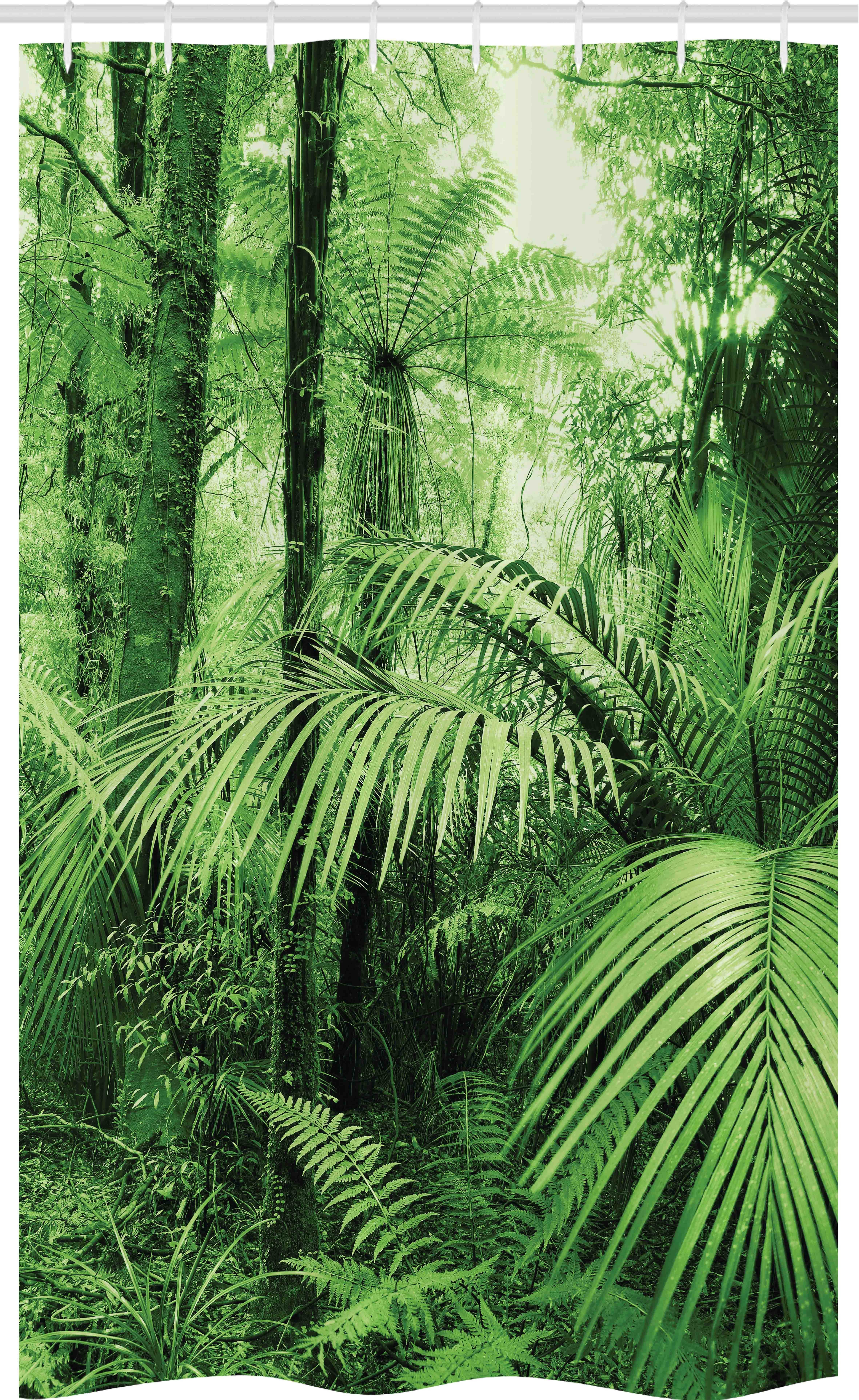 Abakuhaus Duschvorhang Badezimmer Deko Set aus Stoff mit Haken Breite 120 cm, Höhe 180 cm, Regenwald Palmen exotische Pflanzen