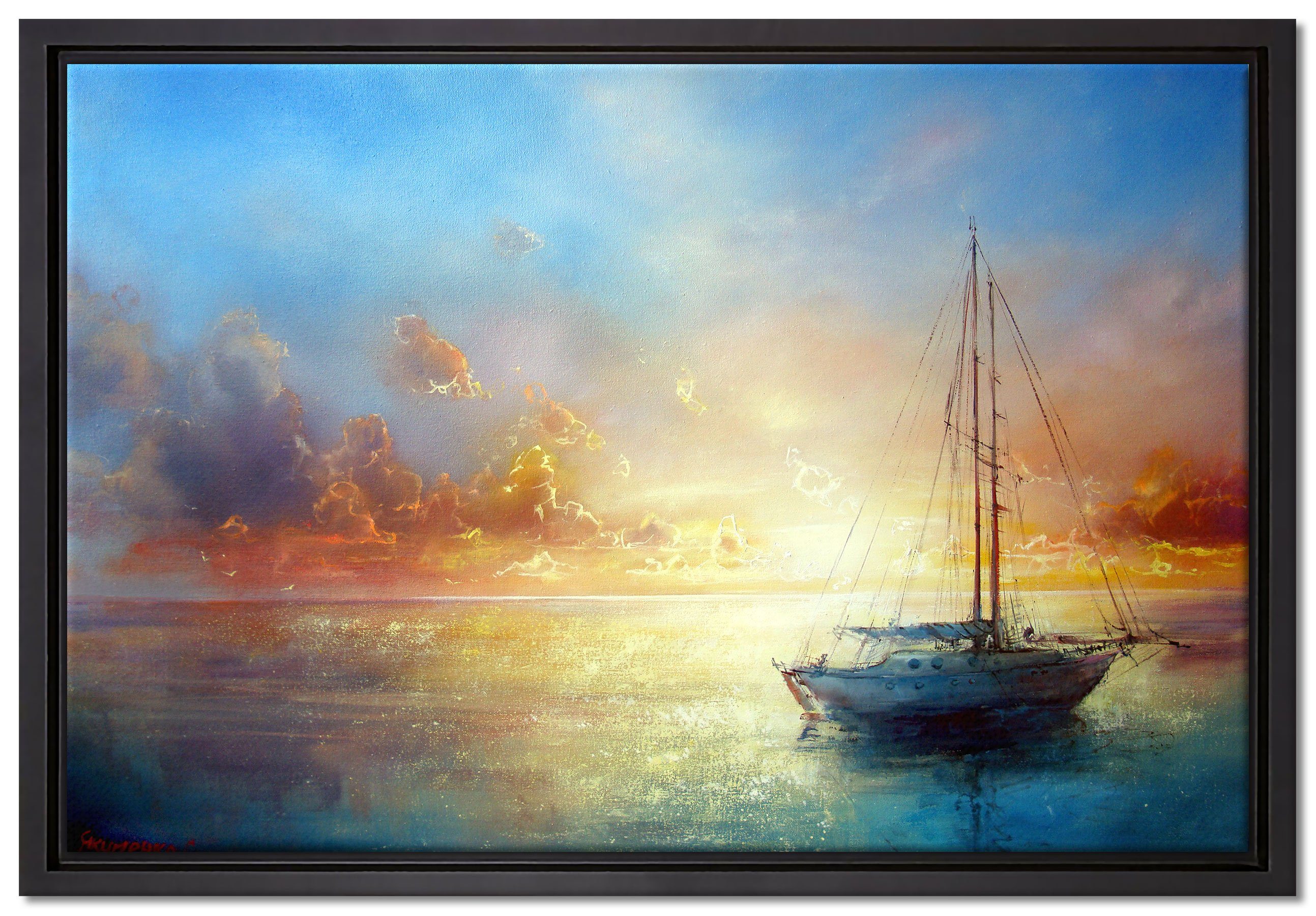 Pixxprint Leinwandbild Schönes Gemälde eines Bootes, Wanddekoration (1 St), Leinwandbild fertig bespannt, in einem Schattenfugen-Bilderrahmen gefasst, inkl. Zackenaufhänger