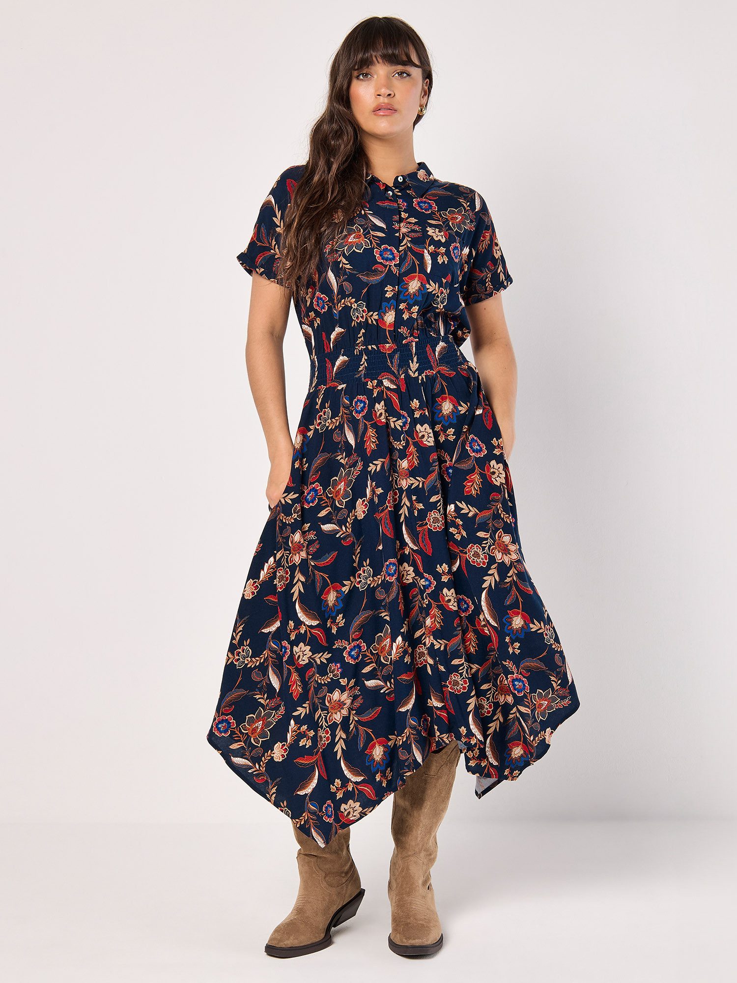 Apricot Druckkleid Florales Midikleid mit Seitentaschen, mit halber Knopfle günstig online kaufen