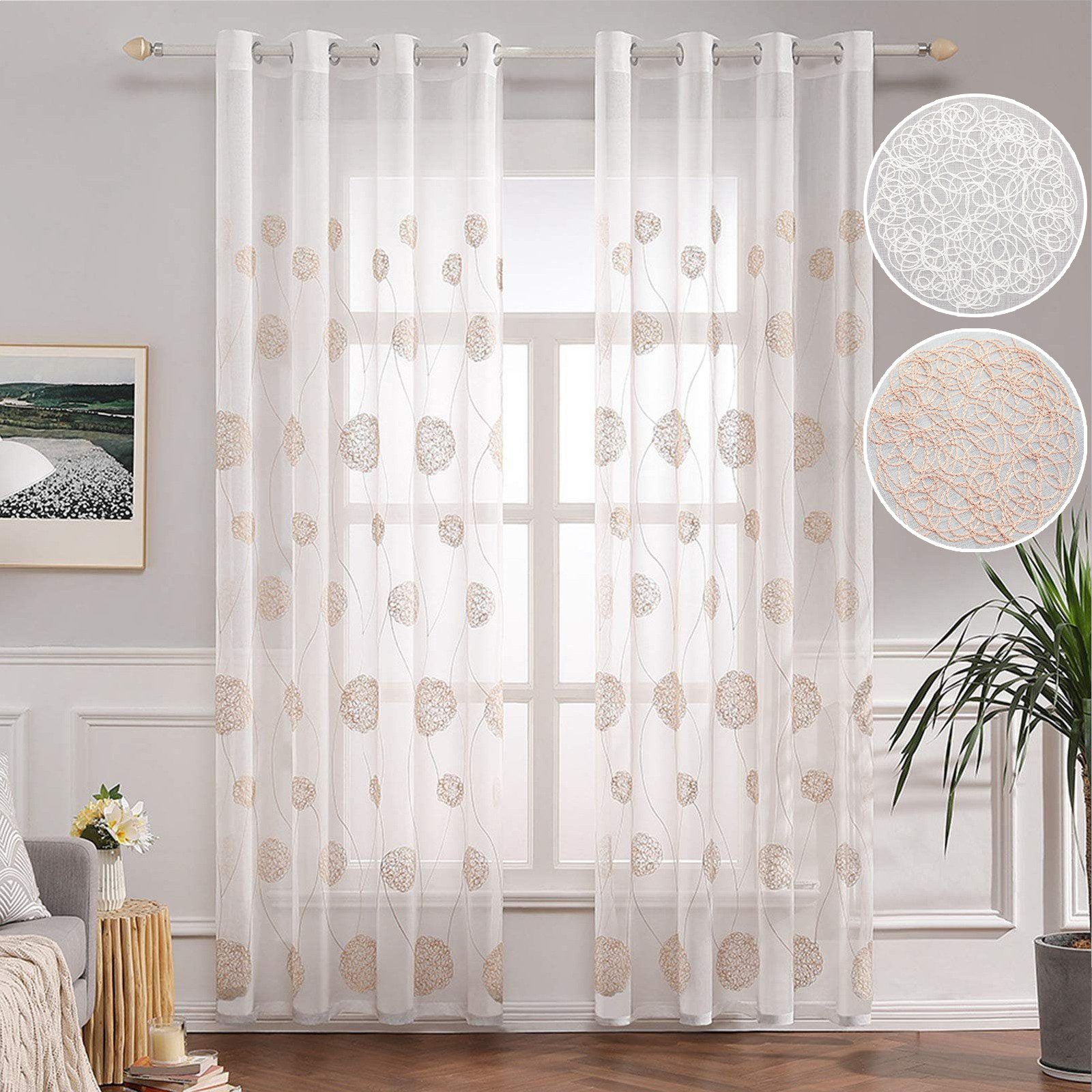 Sunicol Gardine Voile Vorhänge, Halbtransparent Gardinen, Blumen Stickerei, günstig online kaufen
