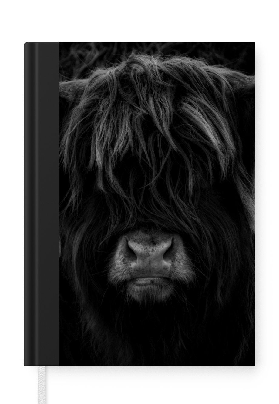 MuchoWow Notizbuch Schottischer Highlander - Kuh - Porträt - Tiere - Schwarz - Weiß, Journal, Merkzettel, Tagebuch, Notizheft, A5, 98 Seiten, Haushaltsbuch