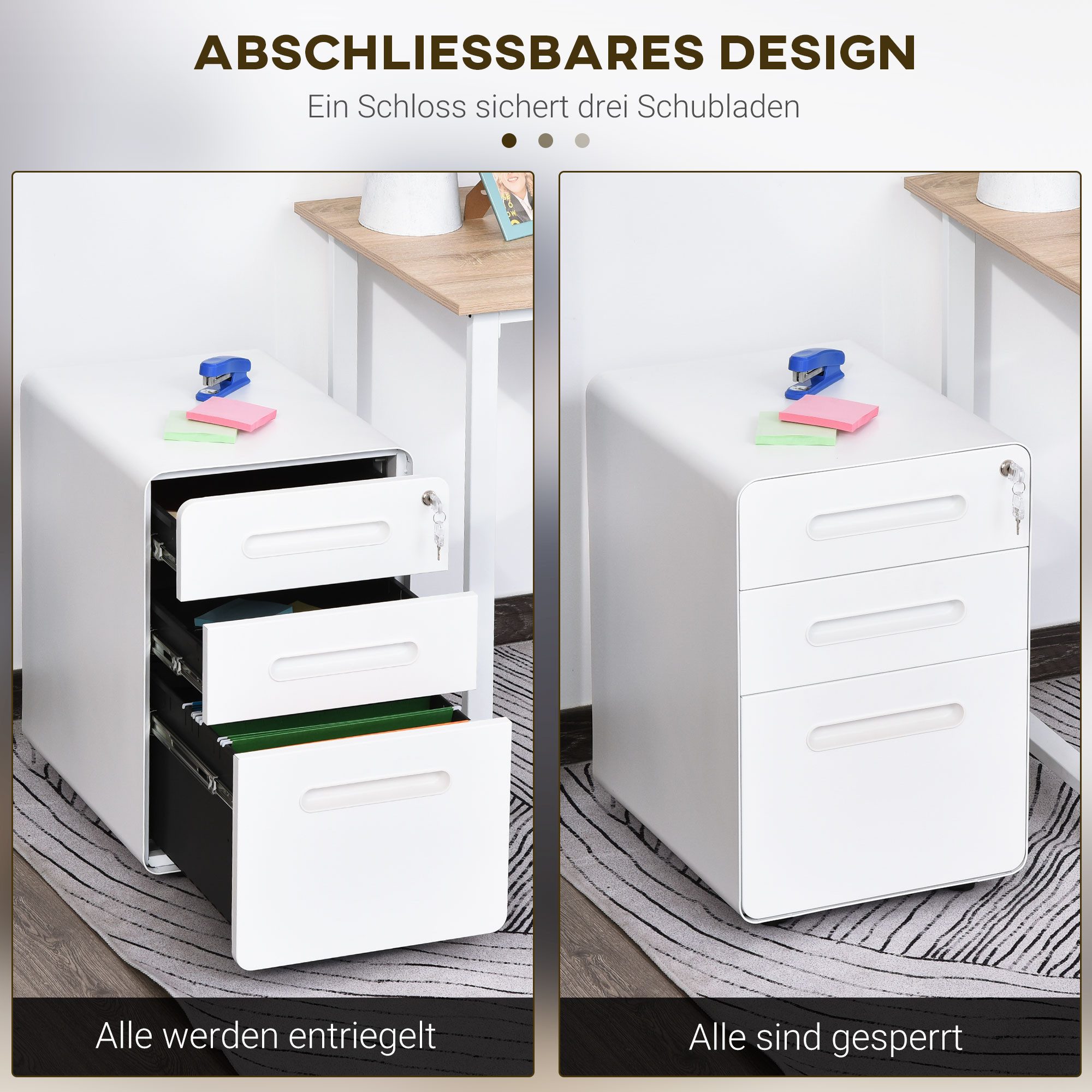 Vinsetto Rollcontainer 3 Schubladen Aktenschrank abschließbar, Hängeregistratur Stiftfach, (Büroschrank, 1 St., Aktenschrank), Stahl, Weiß, 39 x 48 x 59 cm – Bild 4 von 5