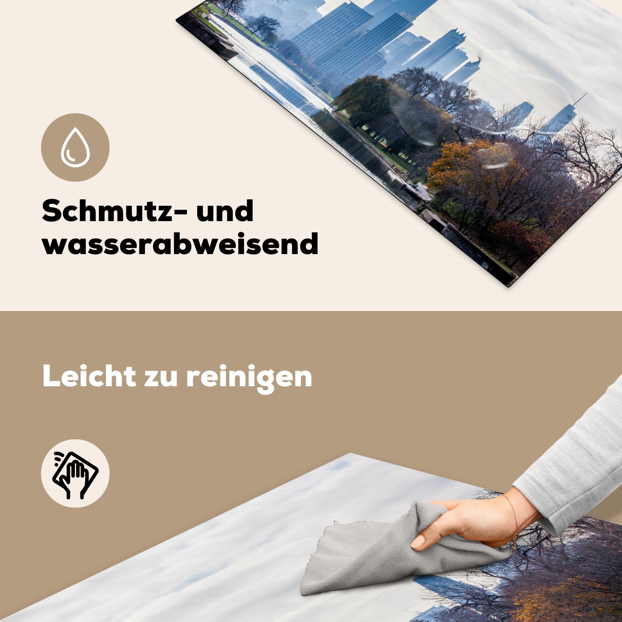 für im Herbst (1 von Ceranfeldabdeckung Herdblende-/Abdeckplatte mit Vinyl, Nebel, küche, Schutz Induktionskochfeld die Tower Chicago Willis Skyline cm, 81x52 im tlg), MuchoWow