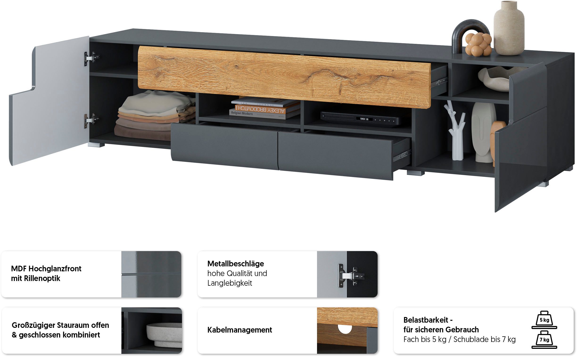 OTTO home Lowboard Toledo,Breite 209cm, trendige TV-Schrank mit dekorative Fräsungen, TV-Board ohne Beleuchtung, TV-Kommode mit viel Stauraum