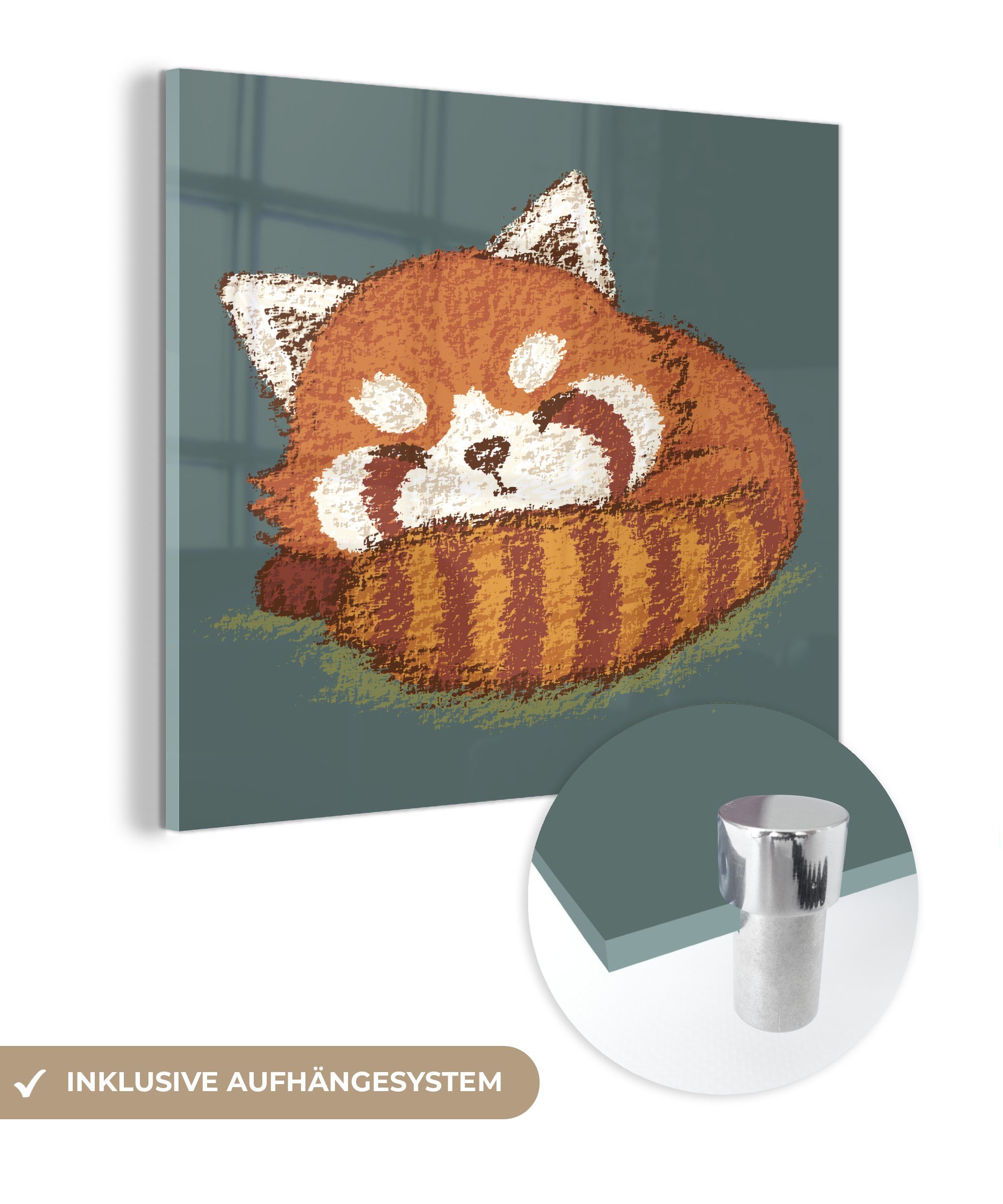 Wanddekoration Pandas, eines - - Glasbilder schlafenden auf Illustration auf Acrylglasbild Glas (1 Foto Wandbild MuchoWow - Glas St), Bilder roten
