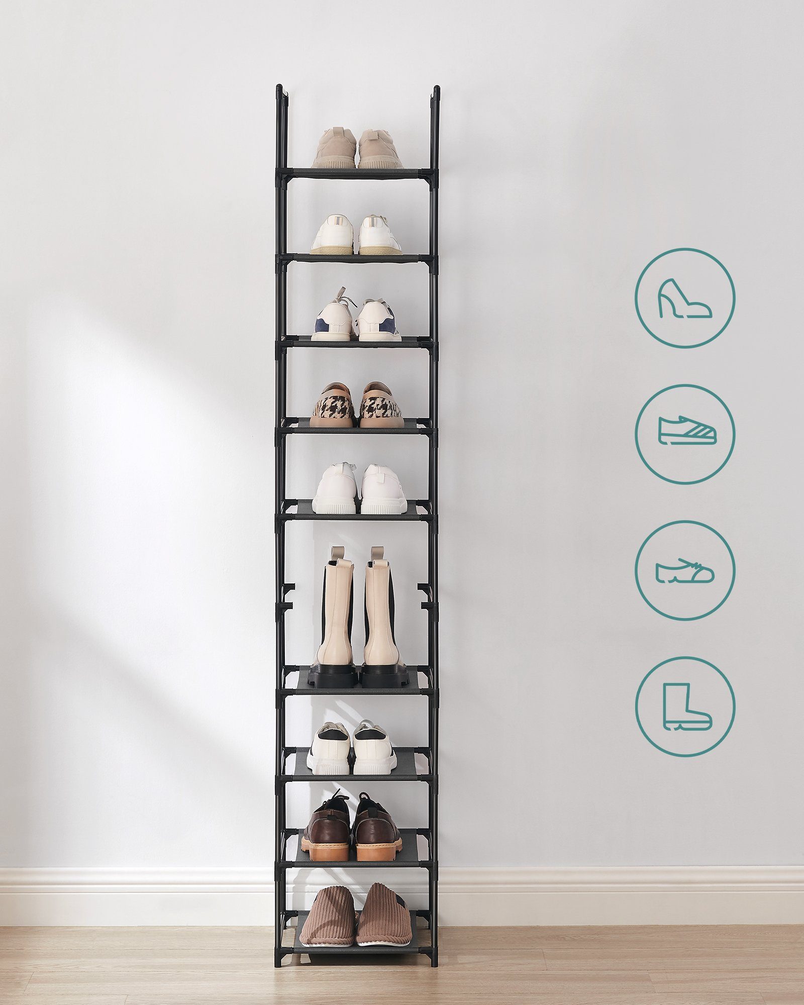 SONGMICS Schuhregal Schuhablage, 10 Ebenen, für 20 Paar Schuhe und Stiefel, 33 x 33 x 173 cm, für Flur, Schlafzimmer, schmal, Metallgestell – Bild 4 von 5