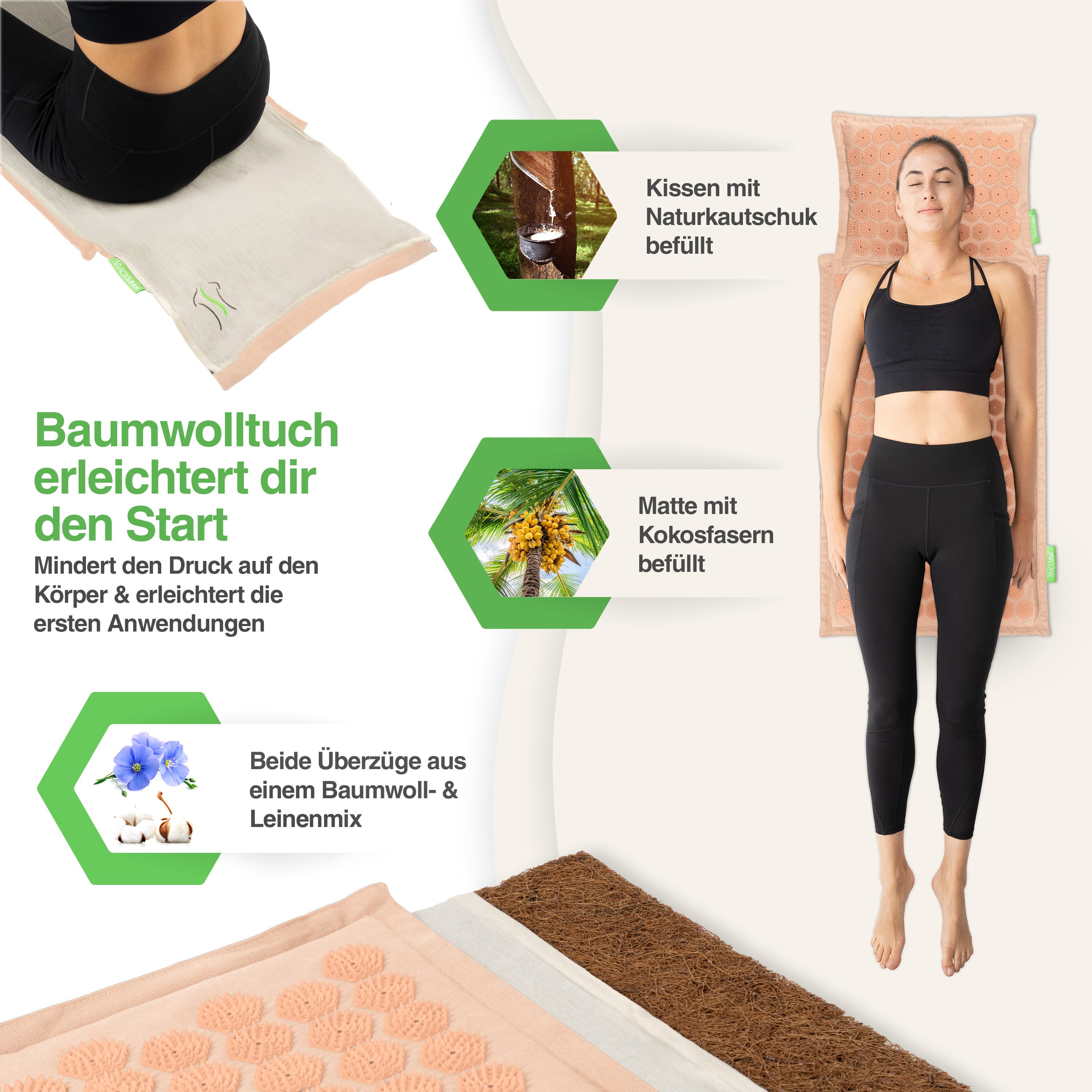 BACKLAxx® Akupressurmatte Set "Original" - Akupunkturmatte mit Stacheln (5-tlg. Akupressur Set, inkl. Akupressurmatte - & Kissen, Lendenkissen, Tragetasche & Tuch), Matte mit 9.600 Spitzen, Kissen mit 3.168 Spitzen