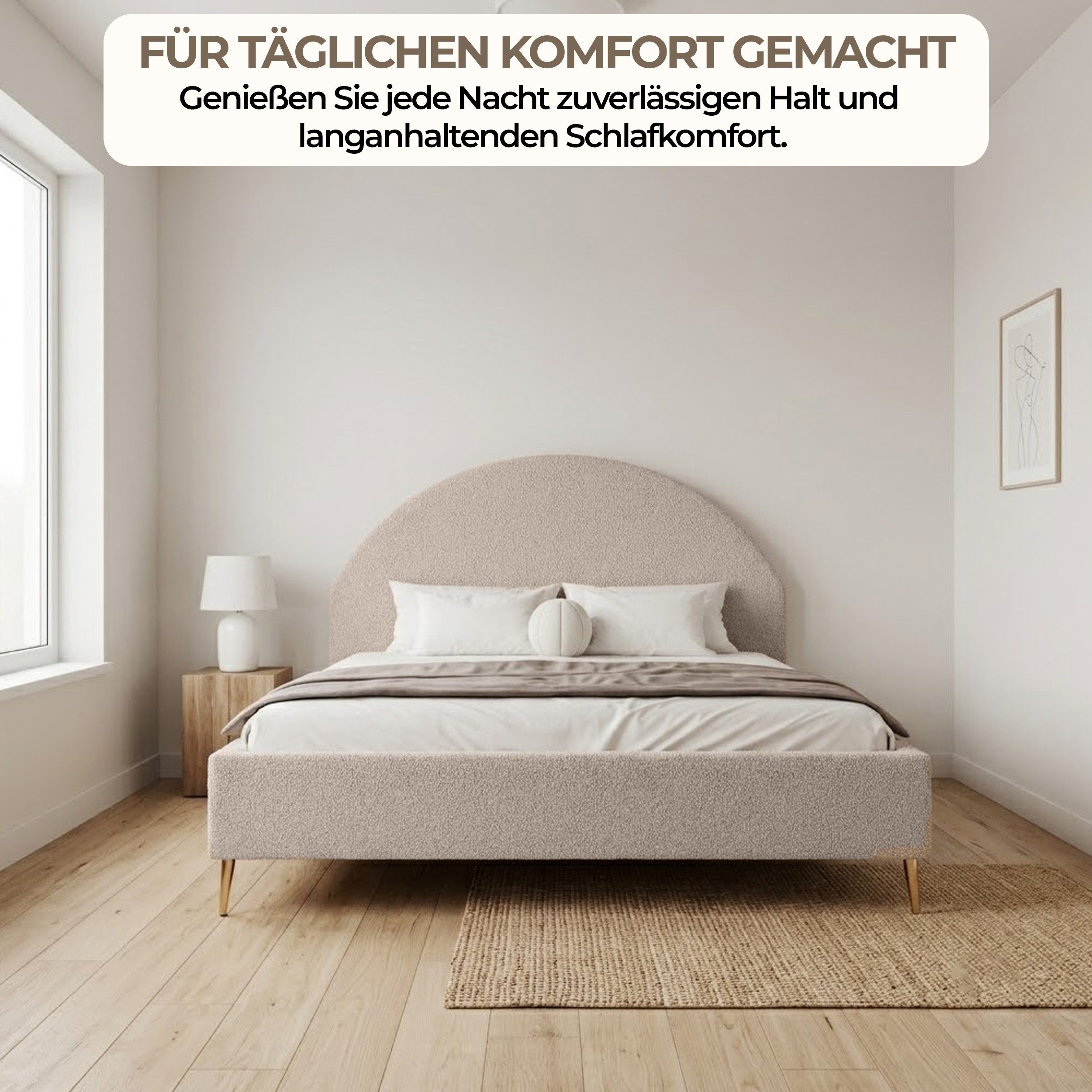 Goldstoff Polsterbett Elegantes Bett mit hohem Kopfteil und stilvollem Stauraum (120–200x200 cm, Kopfteilhöhe: 90/110 cm, Seitenhöhe: 25/40 cm), "CELESTE" – Modernes Komfortbett mit praktischem Stauraum