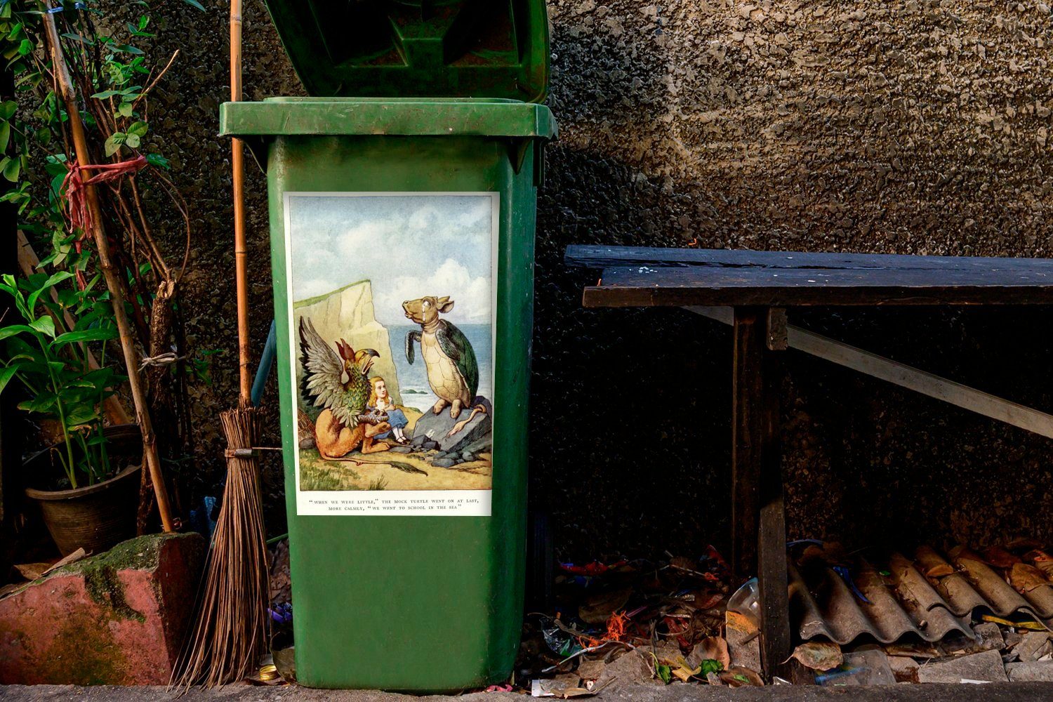 Alice Sticker, Schildkröte (1 Vintage-Illustration Mülleimer-aufkleber, Mülltonne, Container, MuchoWow Wandsticker mit St), der Abfalbehälter