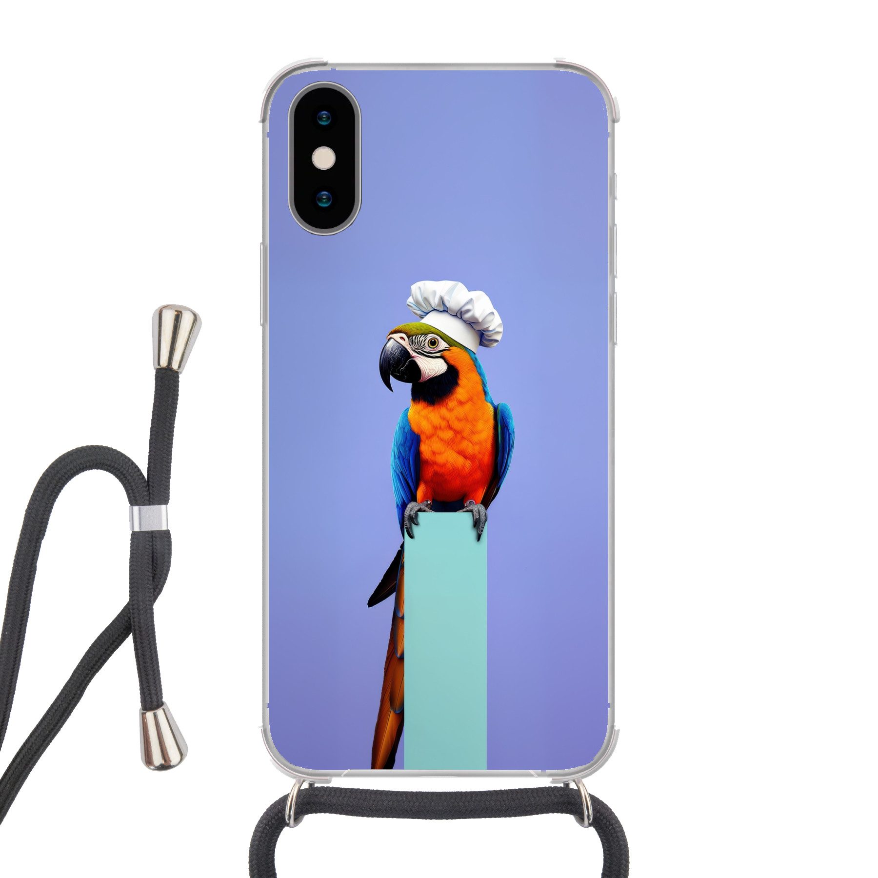 MuchoWow Handyhülle für Apple iPhone X Papagei - Kochmütze - Vogel - Spaß, Tragbare Handyhüllen mit Kette zum umhängen, Handykette Handyband