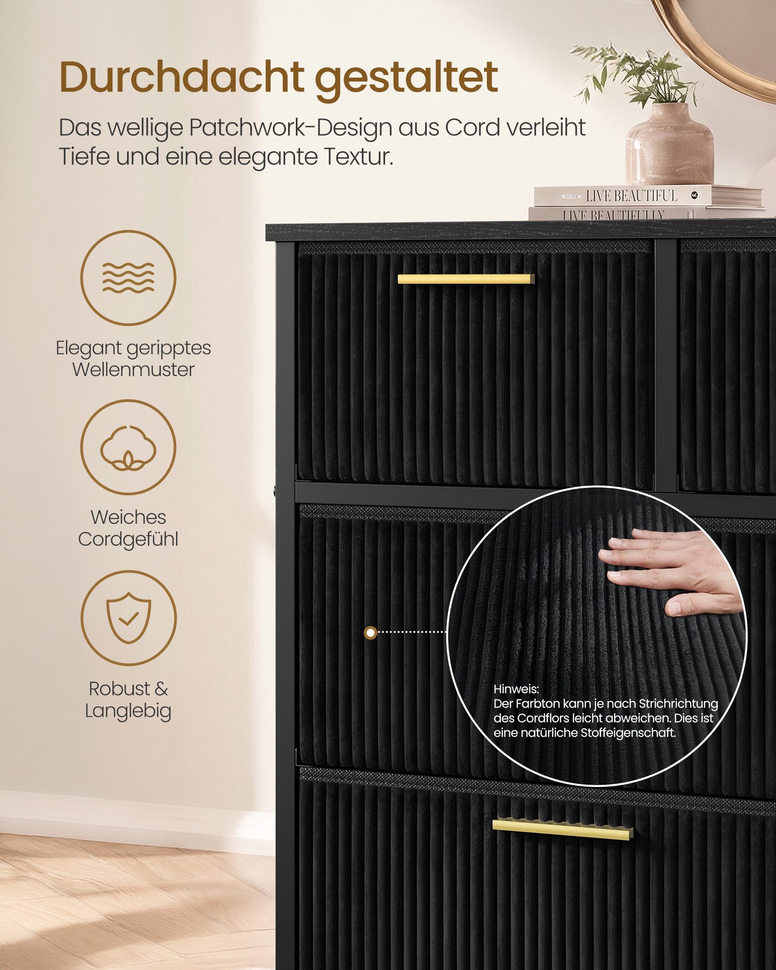 SONGMICS Kommode Wohnzimmerschrank im Cord-Design, Kommode mit 7 Schubladen, 98,7 x 30 x 74,7 cm, Tintenschwarz – Bild 2 von 5