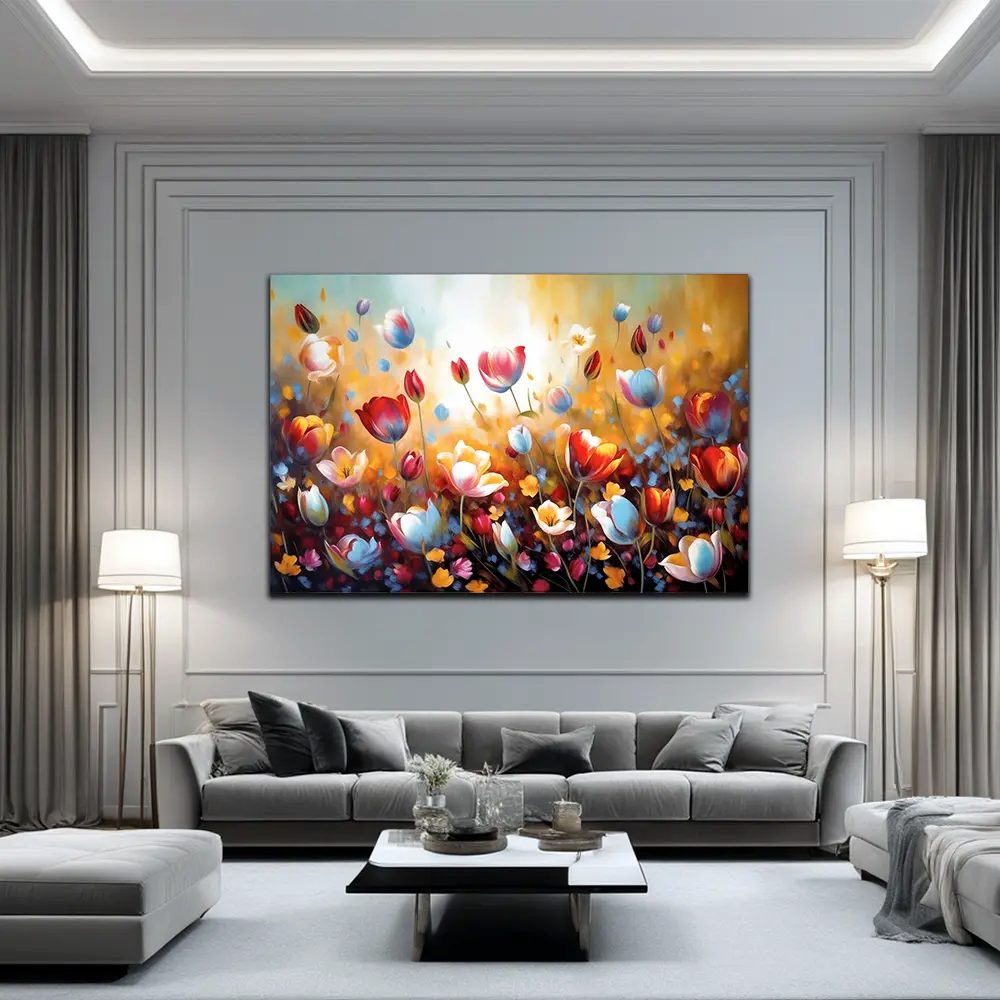 Artedinoi Leinwandbild Tulpen Blumenwiese bunt Ölgemälde Leinwandbild Kunstdruck XL Deko, Blumen, gemalt abstrakt