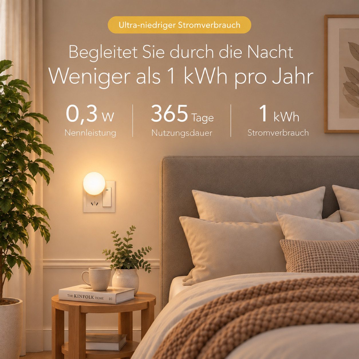 ibettertec Nachttischlampe LED Nachtlicht,Steckdosenlicht,Bettlampe,energiesparend,warmweiß, LED fest integriert, Nachtlampe Einstellbare Helligkeit, stufenlose – Bild 4 von 5