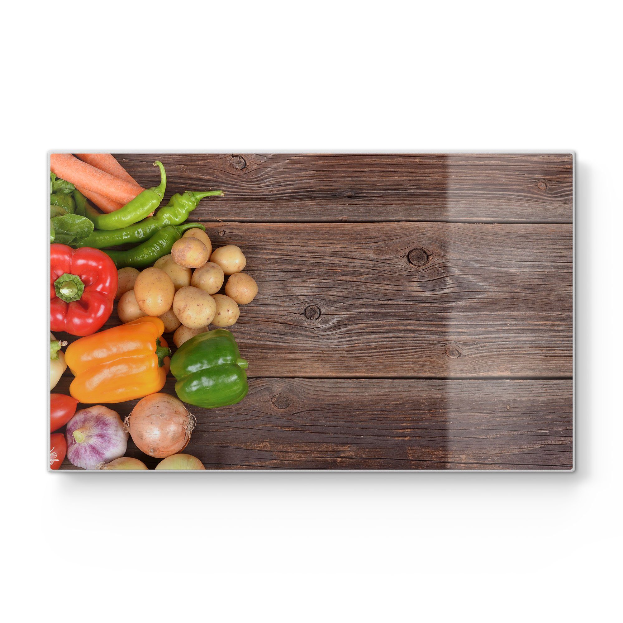 DEQORI Schneidebrett 'Frisches Gemüse auf Holz', Glas, Platte Frühstücksbrett Schneideplatte