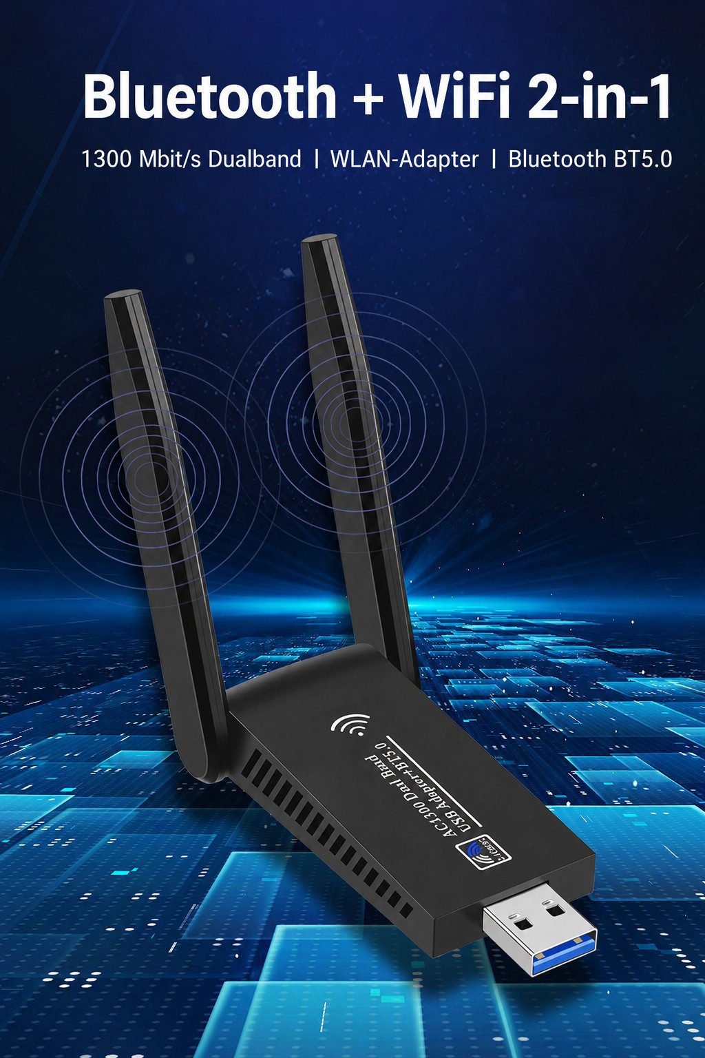 Forrlite WLAN-Stick WLAN Stick Bluetooth 5.0 + WiFi Adapter PC 2-in-1, 1300Mbps Dualband, 5GHz/2,4GHz, WLAN Stick für PC, USB WLAN Adapter für Windows 10/11