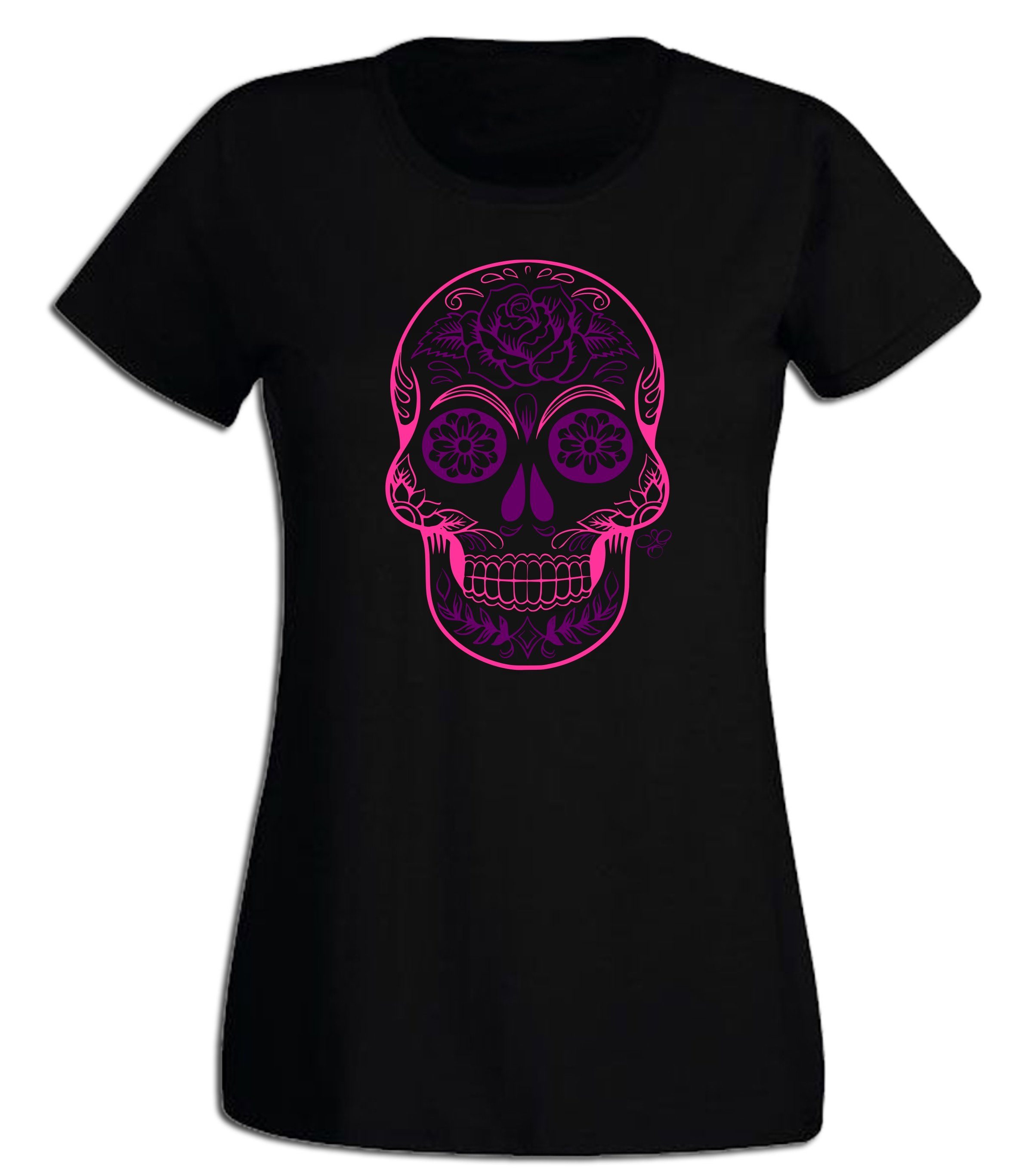 G-graphics T-Shirt Damen T-Shirt - Sugar Scull Pink-Purple-Collection, mit trendigem Frontprint, Slim-fit, Aufdruck auf der Vorderseite, Print/Motiv, für jung & alt