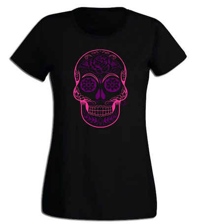 G-graphics T-Shirt Damen T-Shirt - Sugar Scull mit trendigem Frontprint • Aufdruck auf der Vorderseite • Print / Motiv • Pink-Purple-Collection • für jung & alt