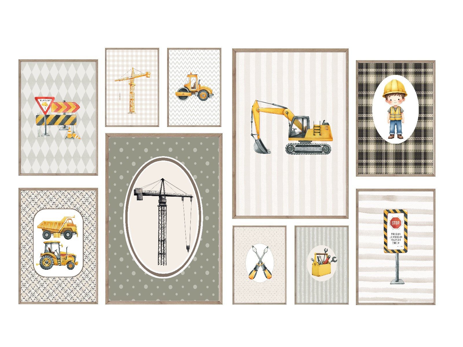 homestyle-accessoires Poster Kinderzimmer Bilderwand 10erSet Bilderset Babyzimmer BAUSTELLE, (10 St), - Ohne Bilderrahmen - Sorgfältige & sichere Verpackung