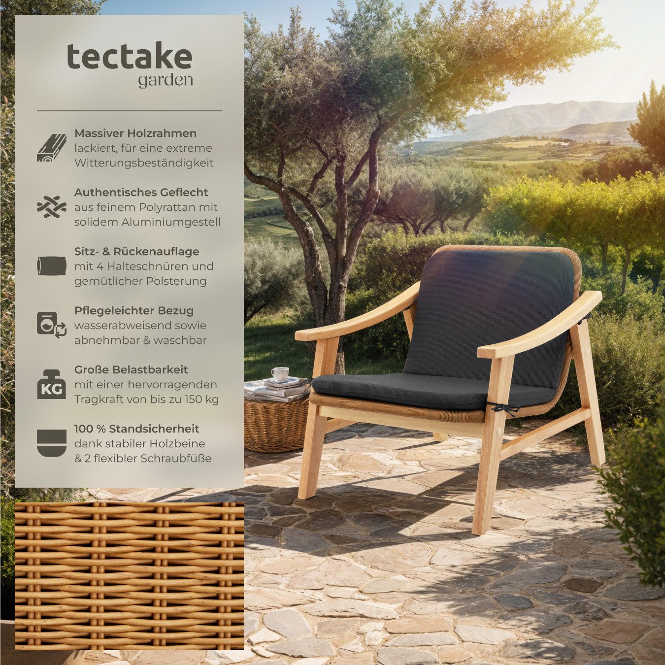 tectake Rattanstuhl Rattan Stuhl (Set, 1 St), Hochwertiges Polyrattan in Rundform mit rostfreiem Aluminiumgestell