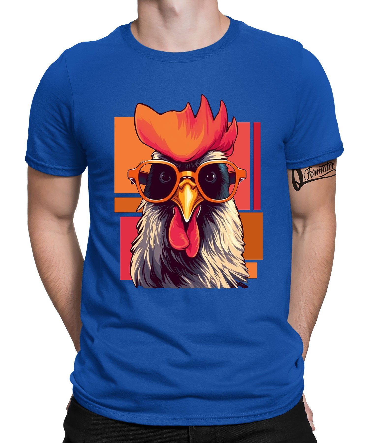 Quattro Formatee Kurzarmshirt Cooles Vintage Huhn Hahn Chicken Bauern Hühner Herren T-Shirt (1-tlg) Blau