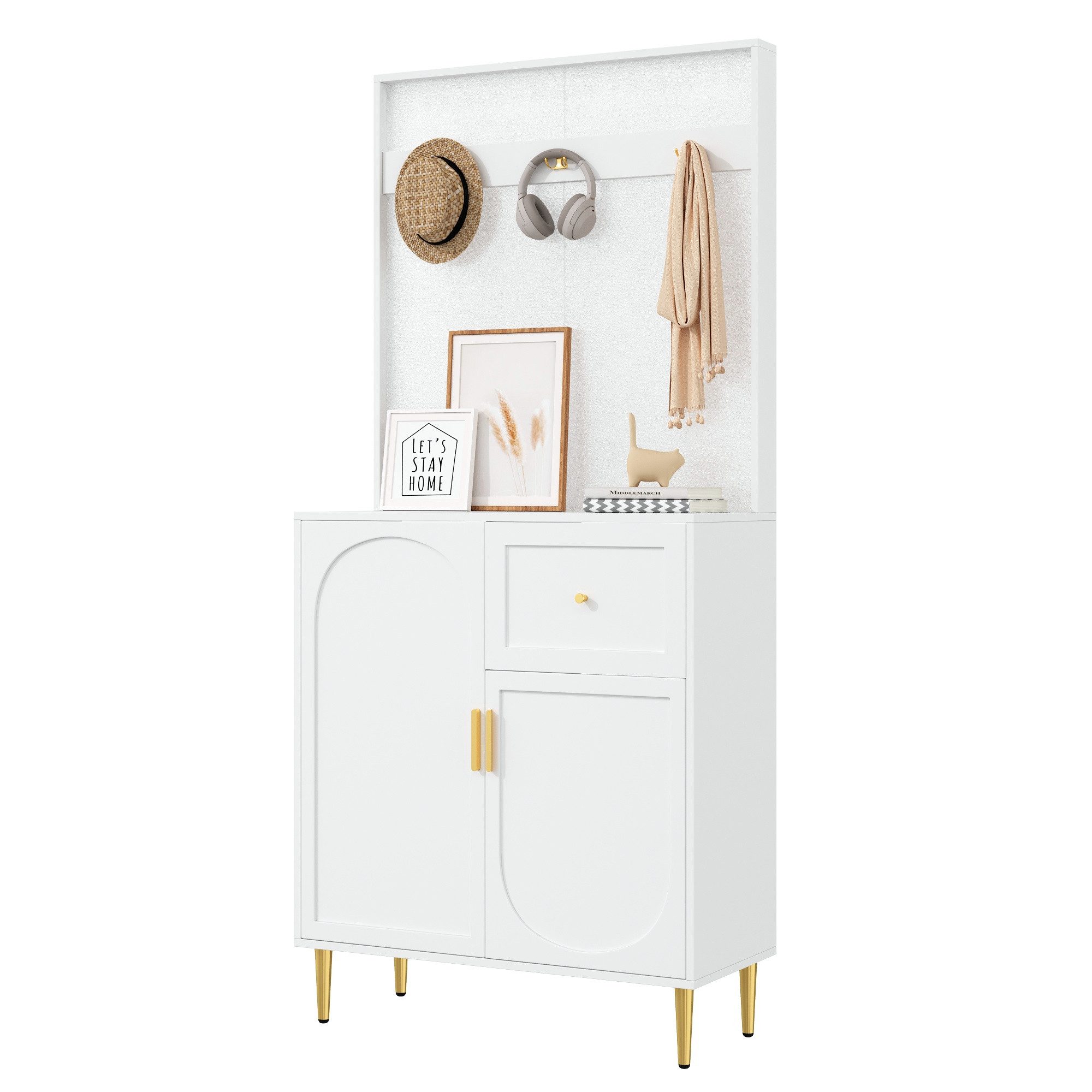 Refined Living Garderoben-Set Kompakte Flurgarderobe 80x35x175,5 cm mit Soft-Close, Weiß Gold, (Kompaktgarderoben, Flurgarderobe, Dielenschrank, Wandschrank, Regal, Diele & Flur Möbel, Kleiderschrank, Paneelen Design, Schuhschrank, 1-St., Garderoben Set, 80x35x175,5 cm, Weiß + Gold, MDF + Metallbeine), Soft-Close, verstellbare Böden, Haken, geriffelte Paneele