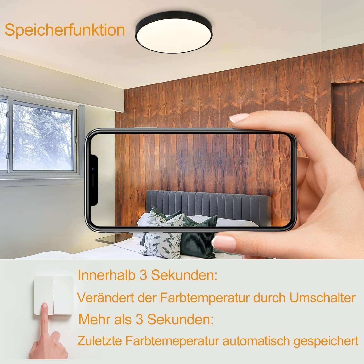 ZMH LED Deckenleuchte Modern Dimmbar, schwarz Küchenlampe, integriert, LED Flach Wasserdicht, 3000-6500K, weiß fest Wasserdicht Rund 30w, IP44
