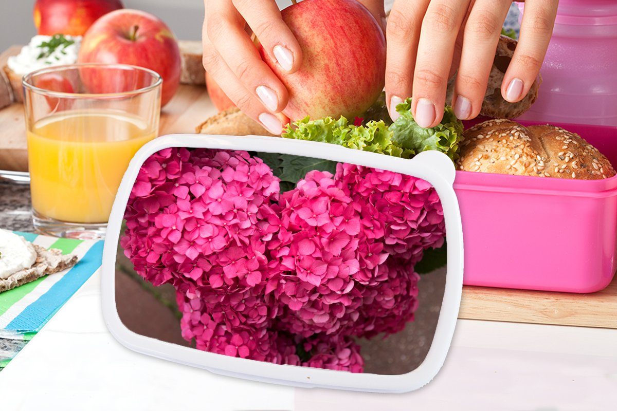 Lunchbox rosa Snackbox, Hortensienblüten, MuchoWow Mädchen, Kunststoff, Brotdose Nahaufnahme (2-tlg), Kunststoff Kinder, Brotbox für Erwachsene,