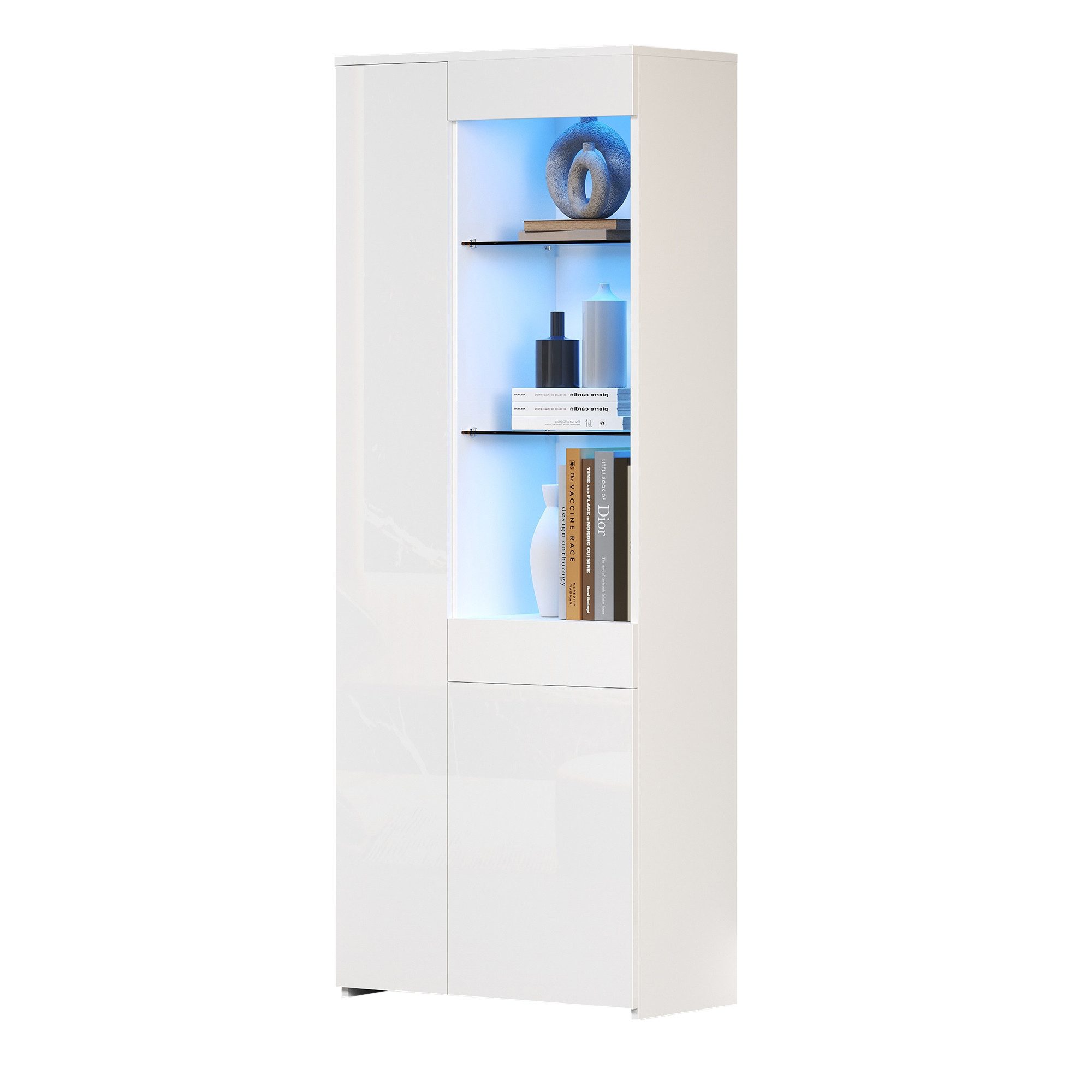 Merax Glasvitrine hochglanz Vitrine mit LED (70*35*180cm, 1-St., Hochschrank Standregal Schrank) Standvitrine Highboard mit Glasfächern, Schublade & Push-to-Open Türen
