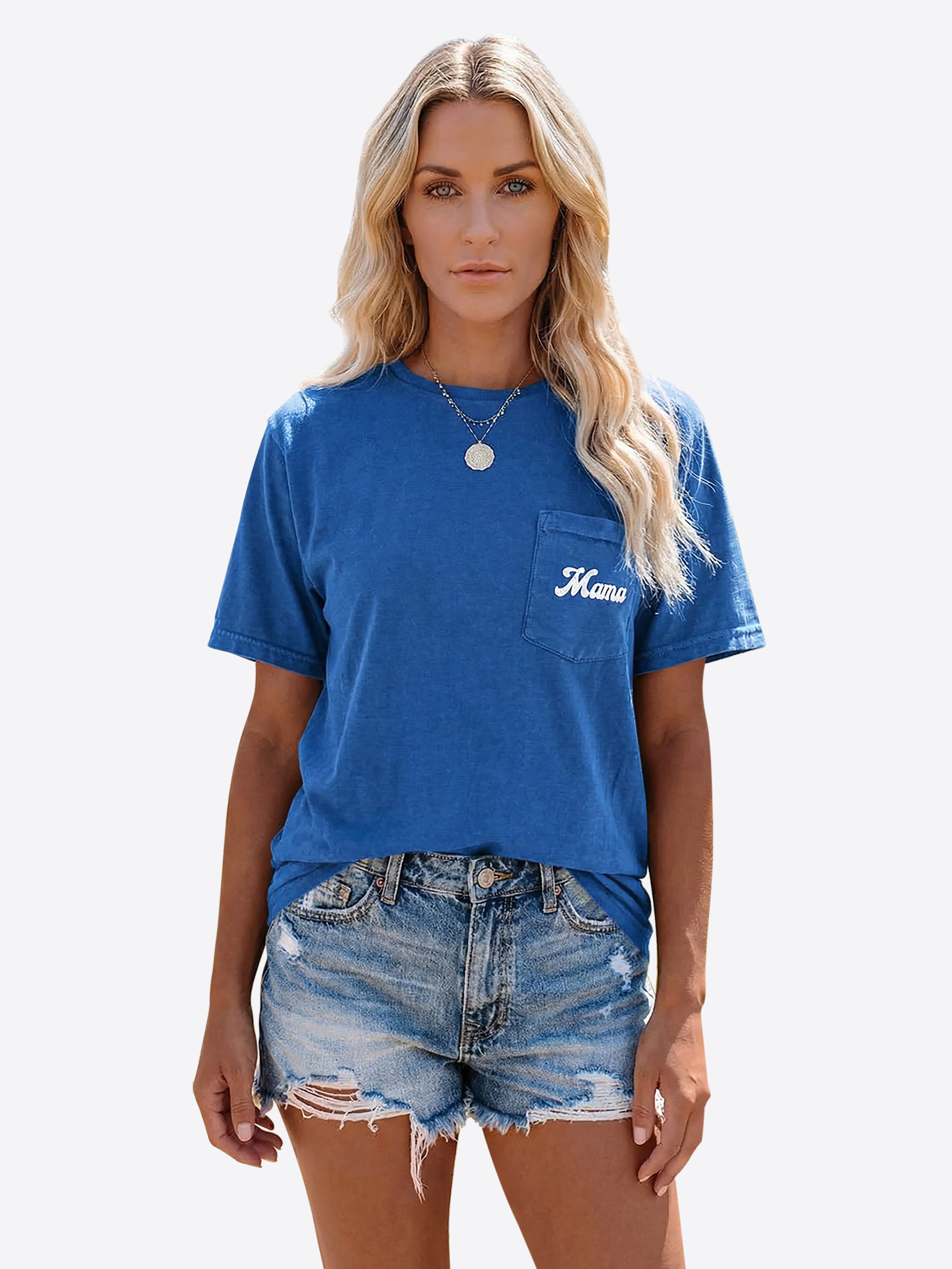 Imily Bela Print-Shirt Damen mit Brusttasche Kurzarm Loose Basic Summer Tops (Packung, 1-tlg., 1per-Pack) mit Rundhalsausschnitt Print in Unifarbe