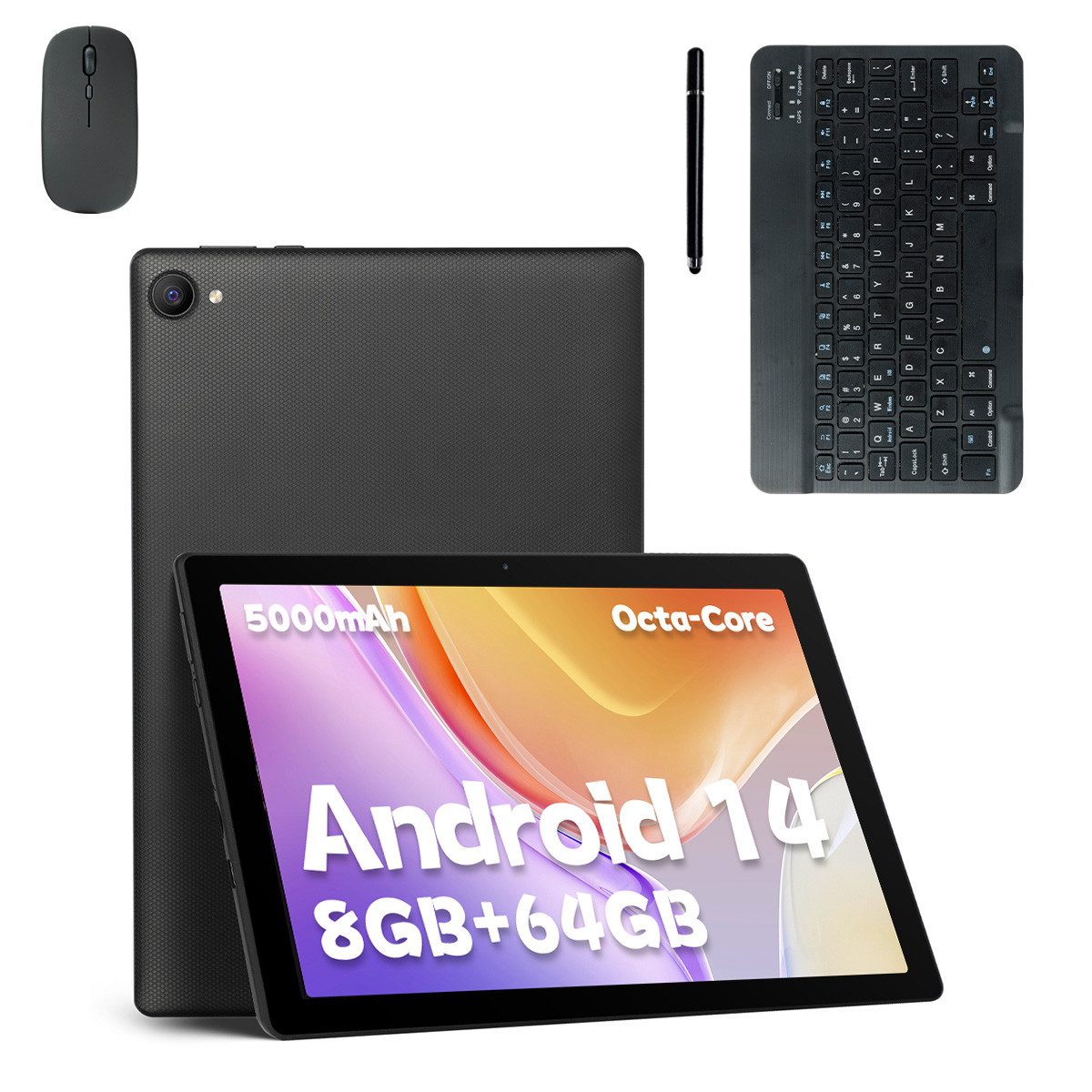 Happybe Android 14 10 Zoll 8(3+5)GB+64GB mit Tastatur, Maus und Stift Tablet (10", 64 GB, Android, 2,4G/5G WiFi, Split-Screen-Funktion, HD 1280x800, Dual-Kamera)