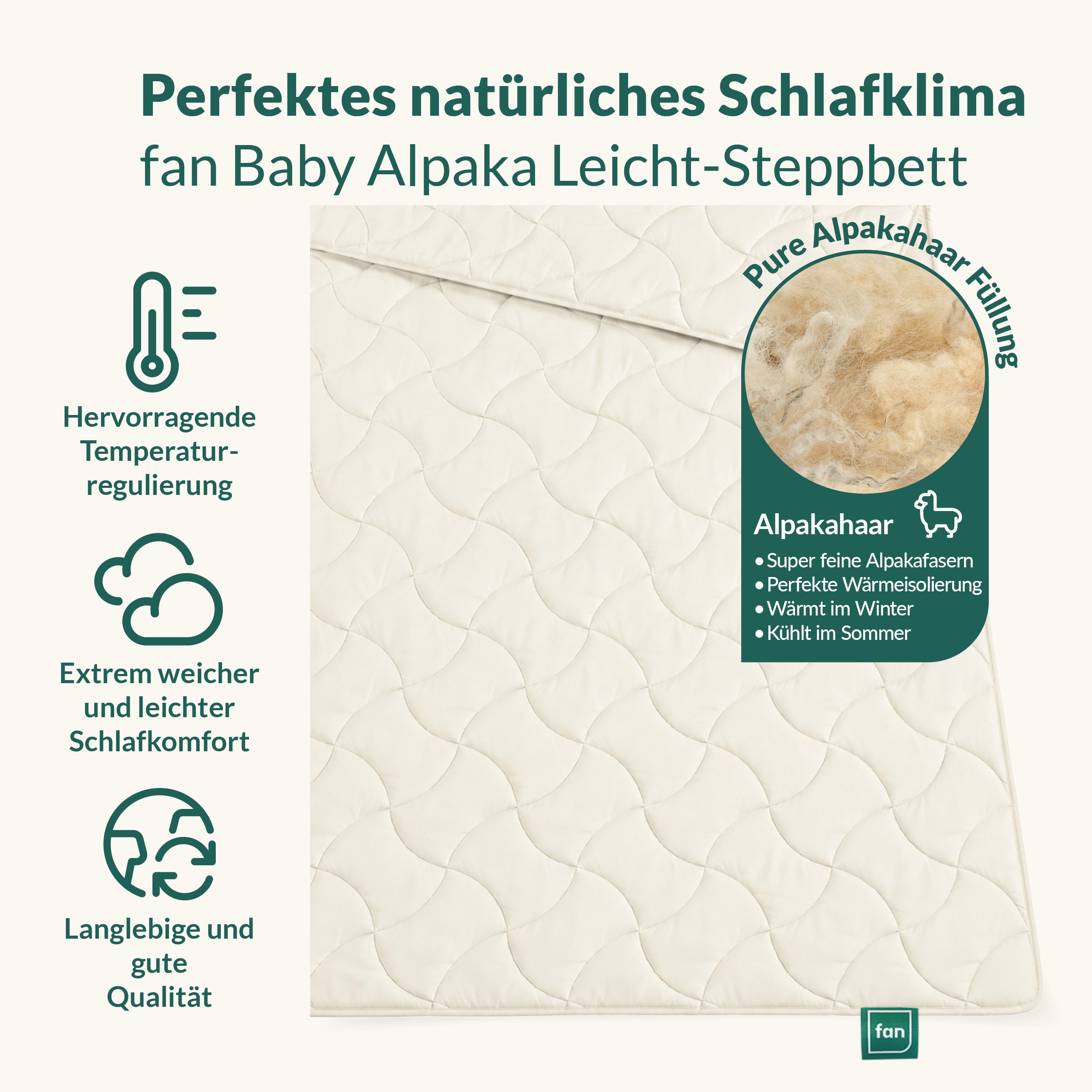 fan Naturhaarbettdecke Baby Alpaka, Bettdecke in 135x200 und weiteren Größen erhältlich, Füllung: 97% Alpaka & 3% sonstige Faser, Bezug: Bio-Baumwolle, Bettdecke aus Naturhaar hergestellt in Deutschland