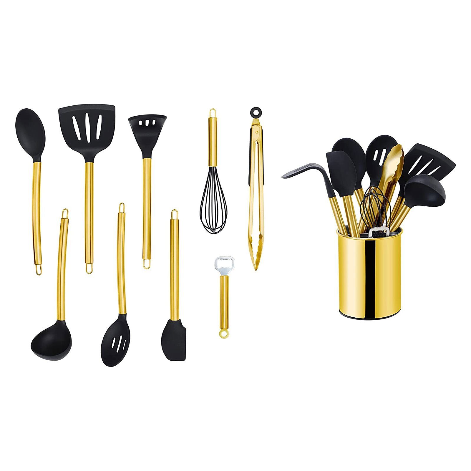 Gold Küchenorganizer-Set, Kochbesteck mit Edelstahlgriff, mit Kochset Utensilienhalter, ECHTWERK