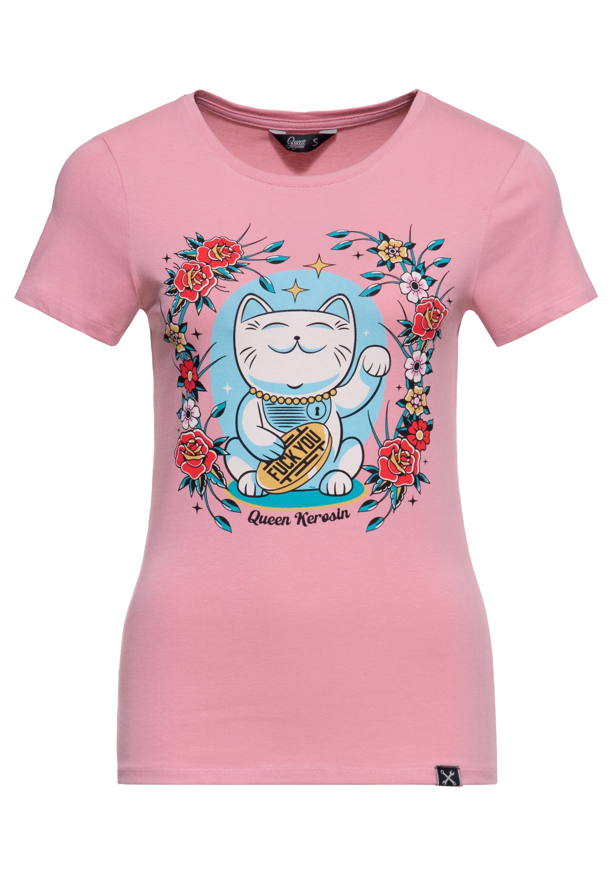 QueenKerosin Print-Shirt Lucky Cat (1-tlg) mit Artwork-Print