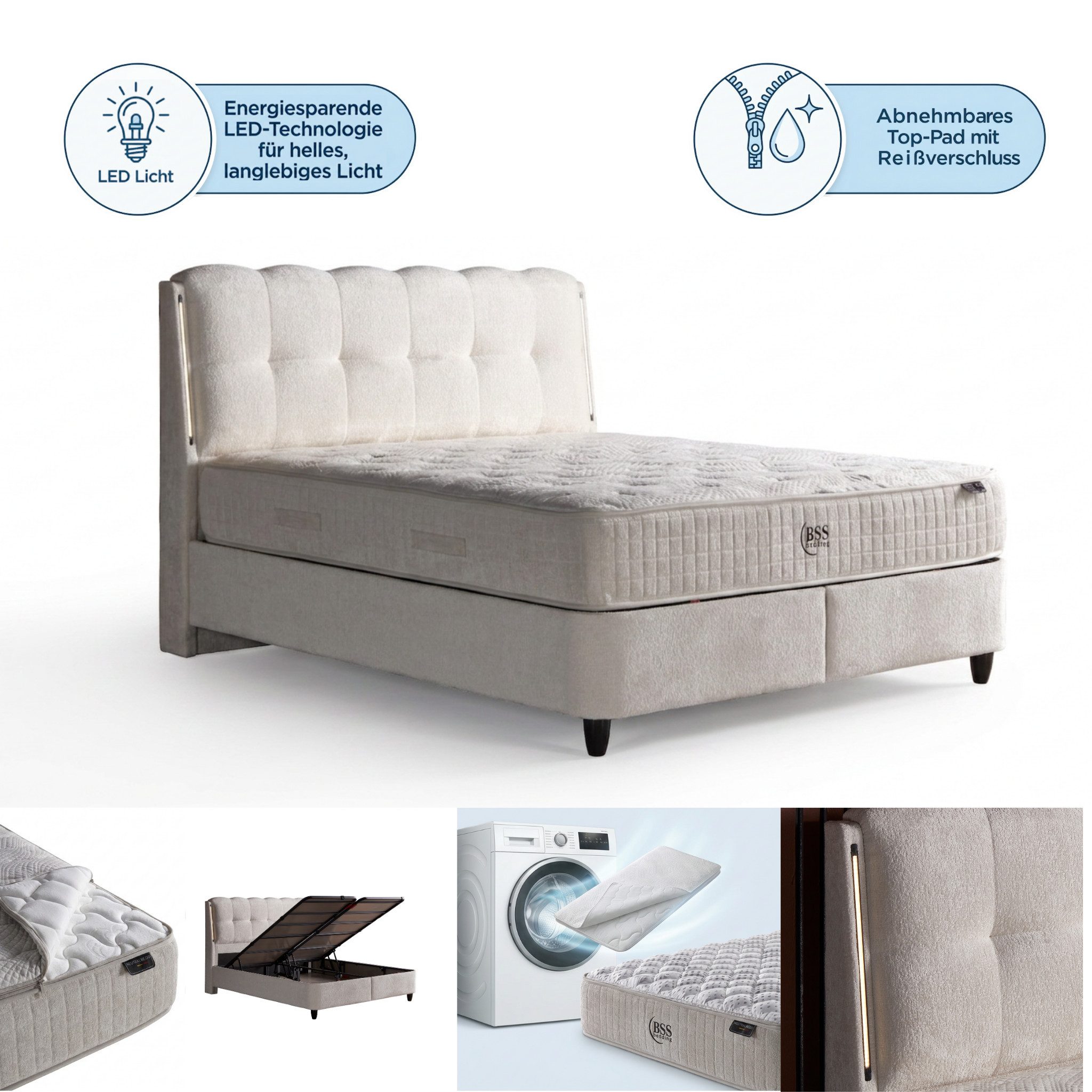 Bambi Stauraumbett mit Matratze Sleep Pure Bett Set Boxbett Stauraumbett Waschbar (Doppelbett Stauraumbett), Außenfläche mit Reißverschluss Waschbar