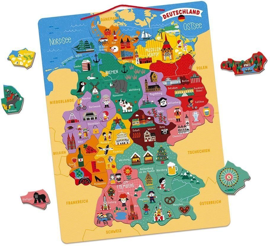Janod Konturenpuzzle Holzspielzeug, Magnetische Landkarte Deutschland, 79 Puzzleteile