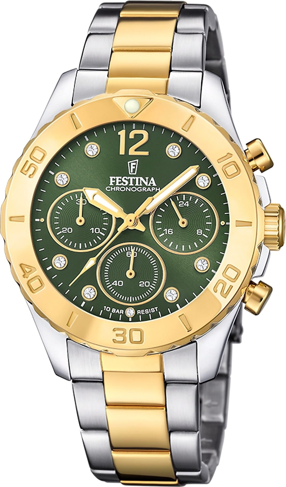 Festina Chronograph Festina Damenuhr Edelstahl silber gold, (Chronograph), Damen Armbanduhr rund, Edelstahlarmband silber, gold, Casual