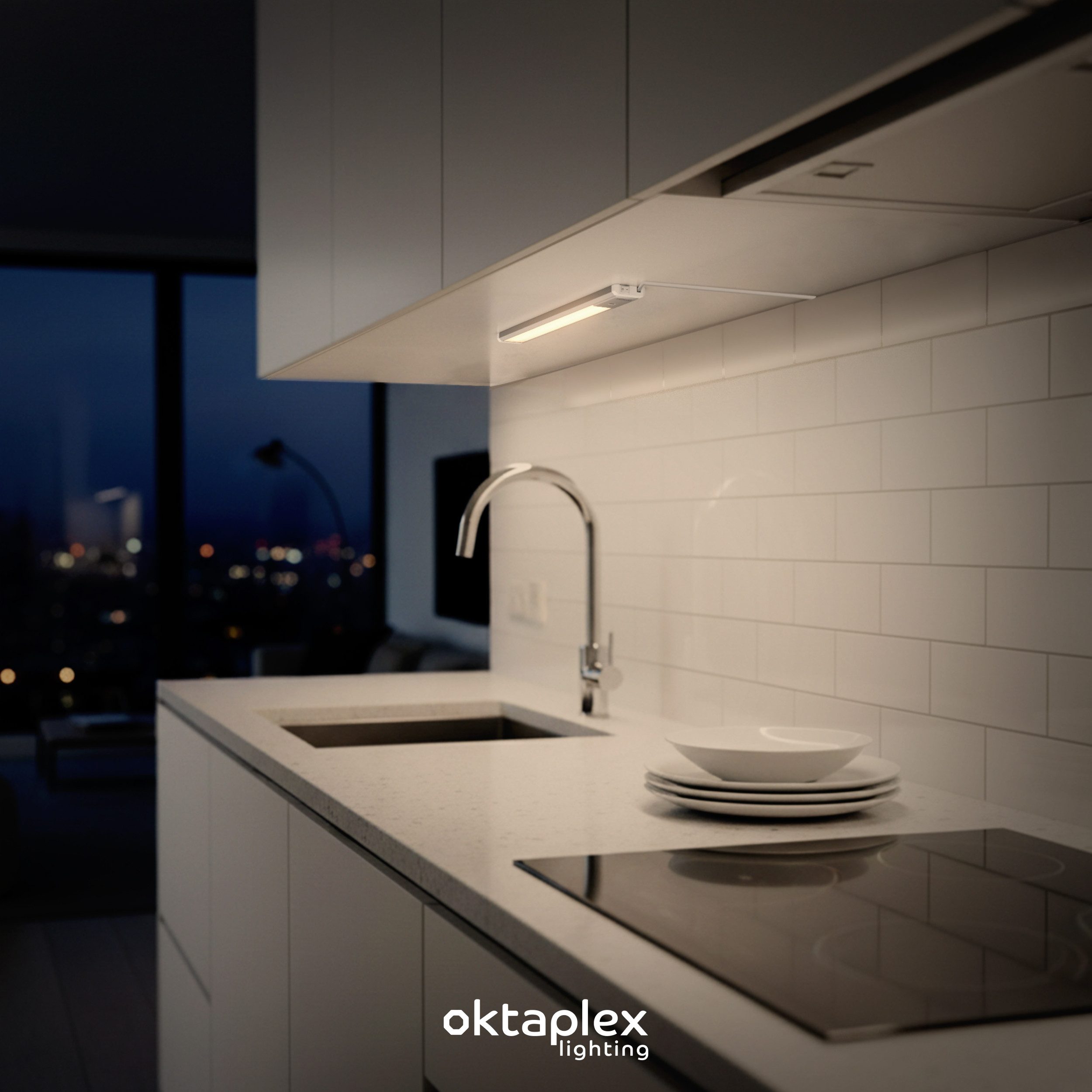 Oktaplex lighting LED Unterbauleuchte flach Unterbauleuchte Küche LED 40cm Alu 400lm 6W, Sensor für Gestensteuerung, LED, warmweiß, 3000K Lichtleiste Küche Alu mit Schalter