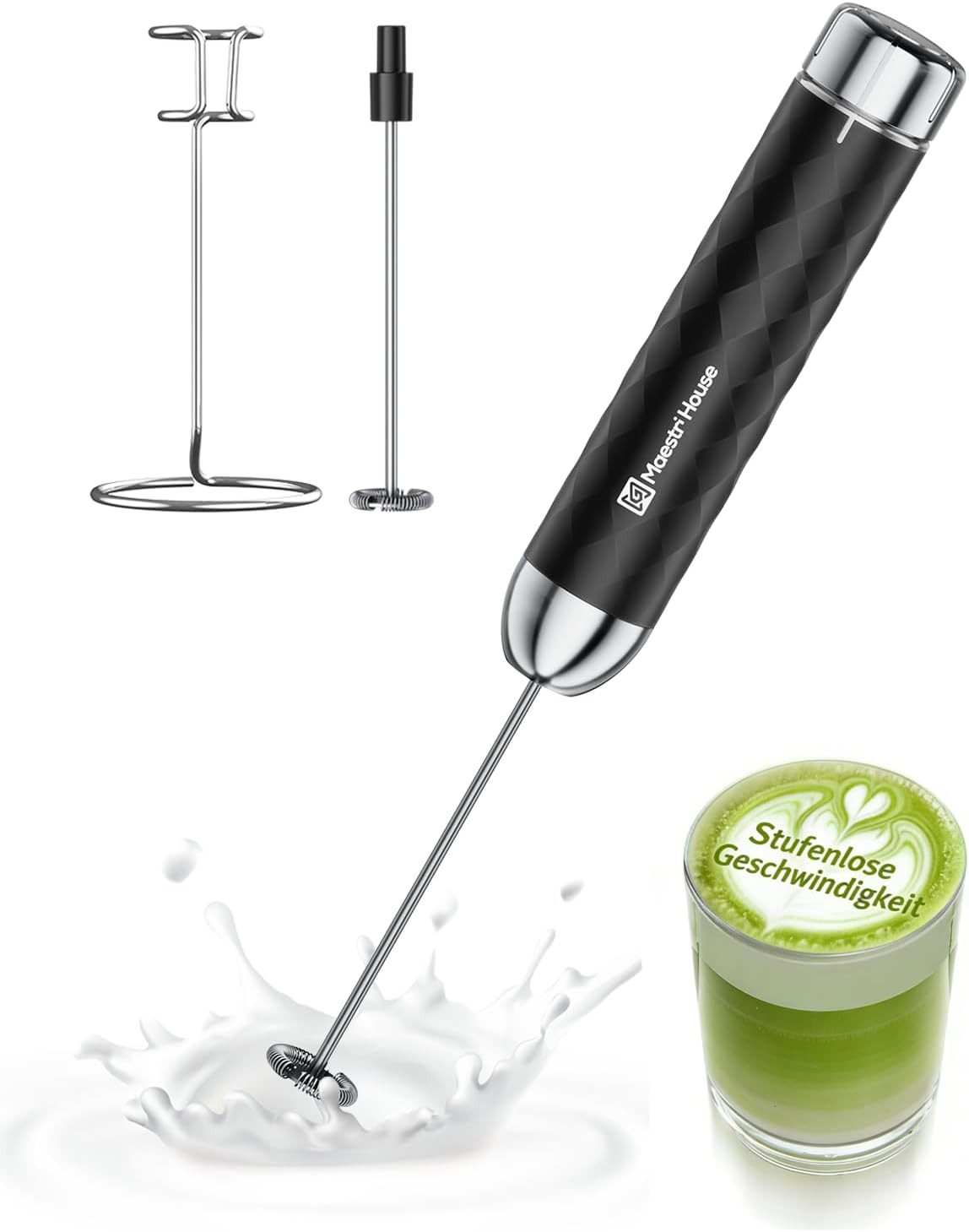 Maestri House Milchaufschäumer Milchaufschäumer Mit Stufenloser Geschwindigkeitsregelung, Usb Aufladbar Aufschäumer Mit Schneebesens Und Ständer Aus Edelstahl