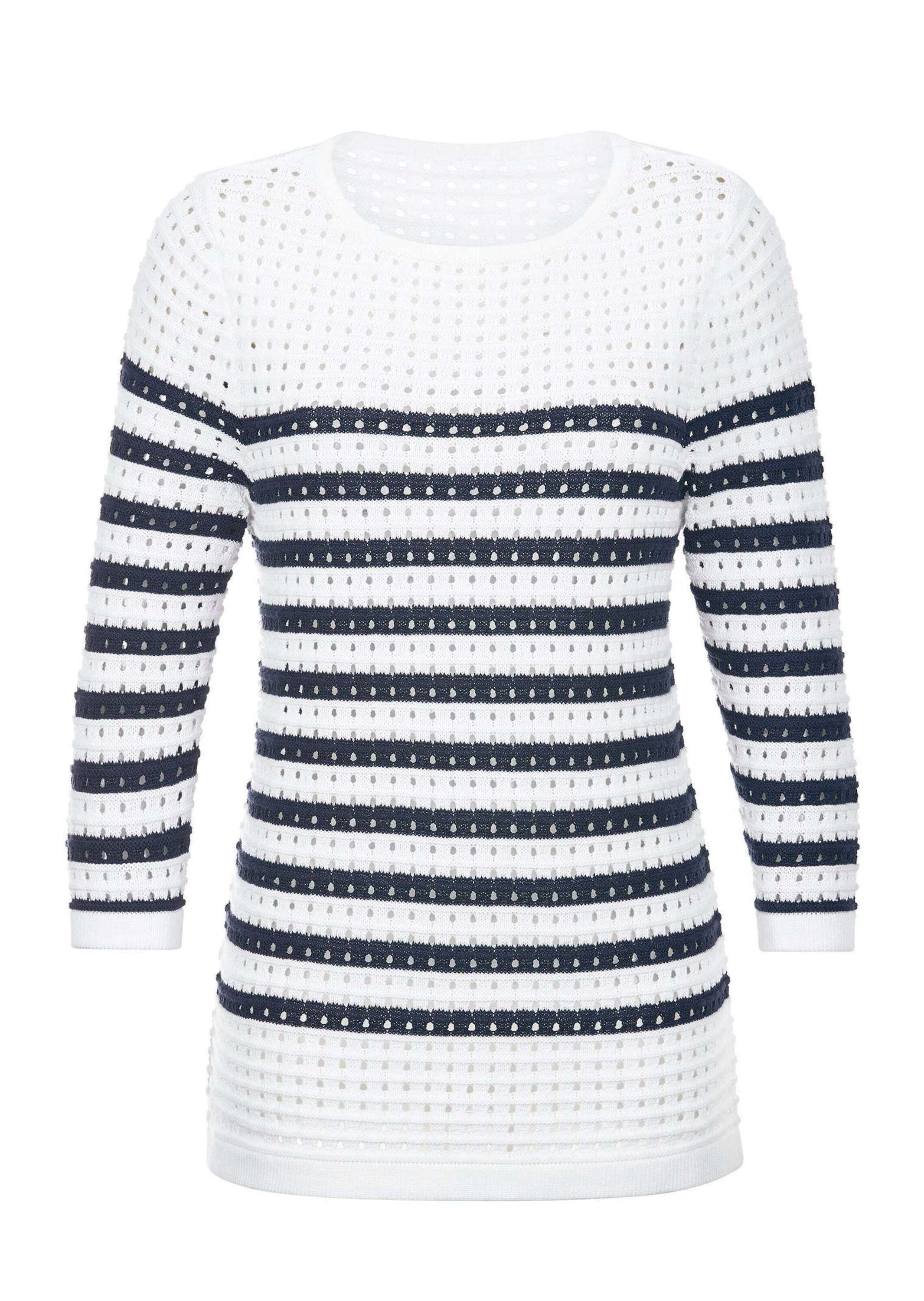 GOLDNER Strickpullover Kurzgröße: Ajourpullover mit Streifenmuster Streifenpullover mit U-Boot-Ausschnitt und 3/4-Ärmeln